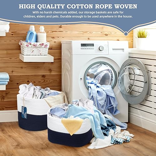 Miniatura 8 de 1 paquete de cestas de cuerda para cesta de almacenamiento, cesta tejida de cuerda de algodón con asas. Cesta de manta para almacenar ropa,