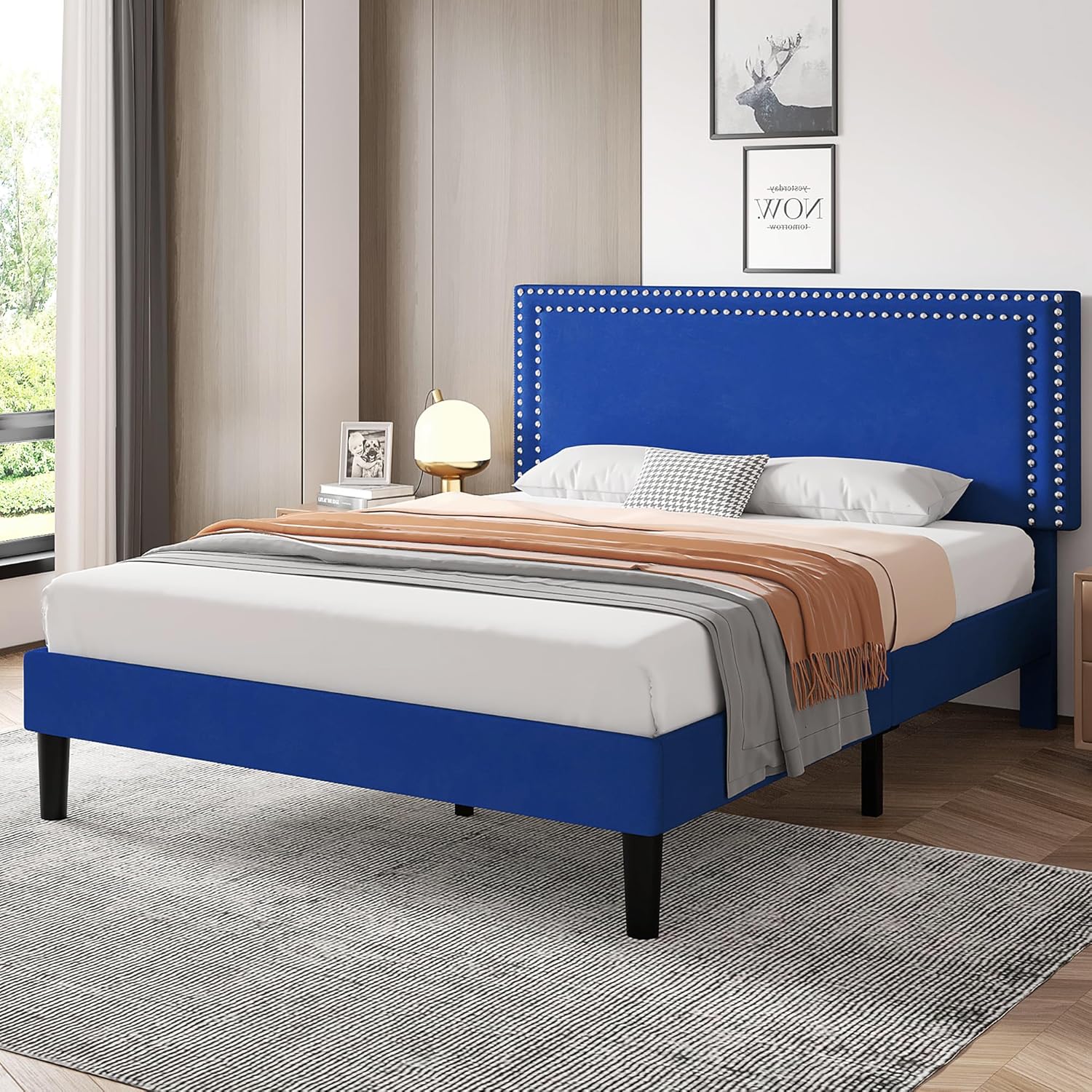 VECELO Queen Size Platform Bed Frame with Height Adjustable Upholstered Headboard, Modern Mattress Foundation,Strong Wood Slat Support, No Box Spring Needed, Easy Assembly