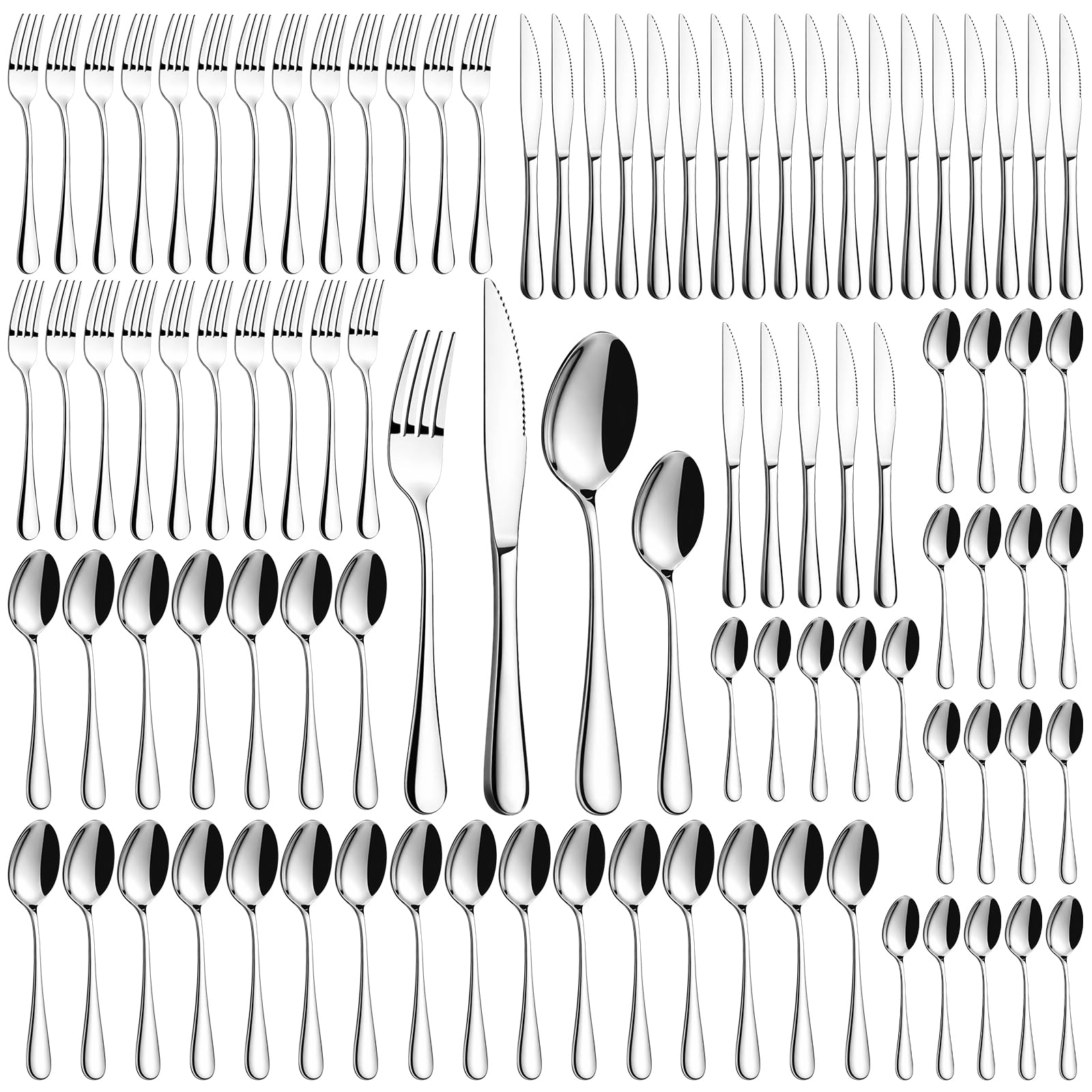 96-Piece Stainless Steel Cutlery Set for 24 | Includes Knives, Forks, Spoons and Teaspoons | Mirror Polished & Dishwasher Safe Flatware Set for Family Meals