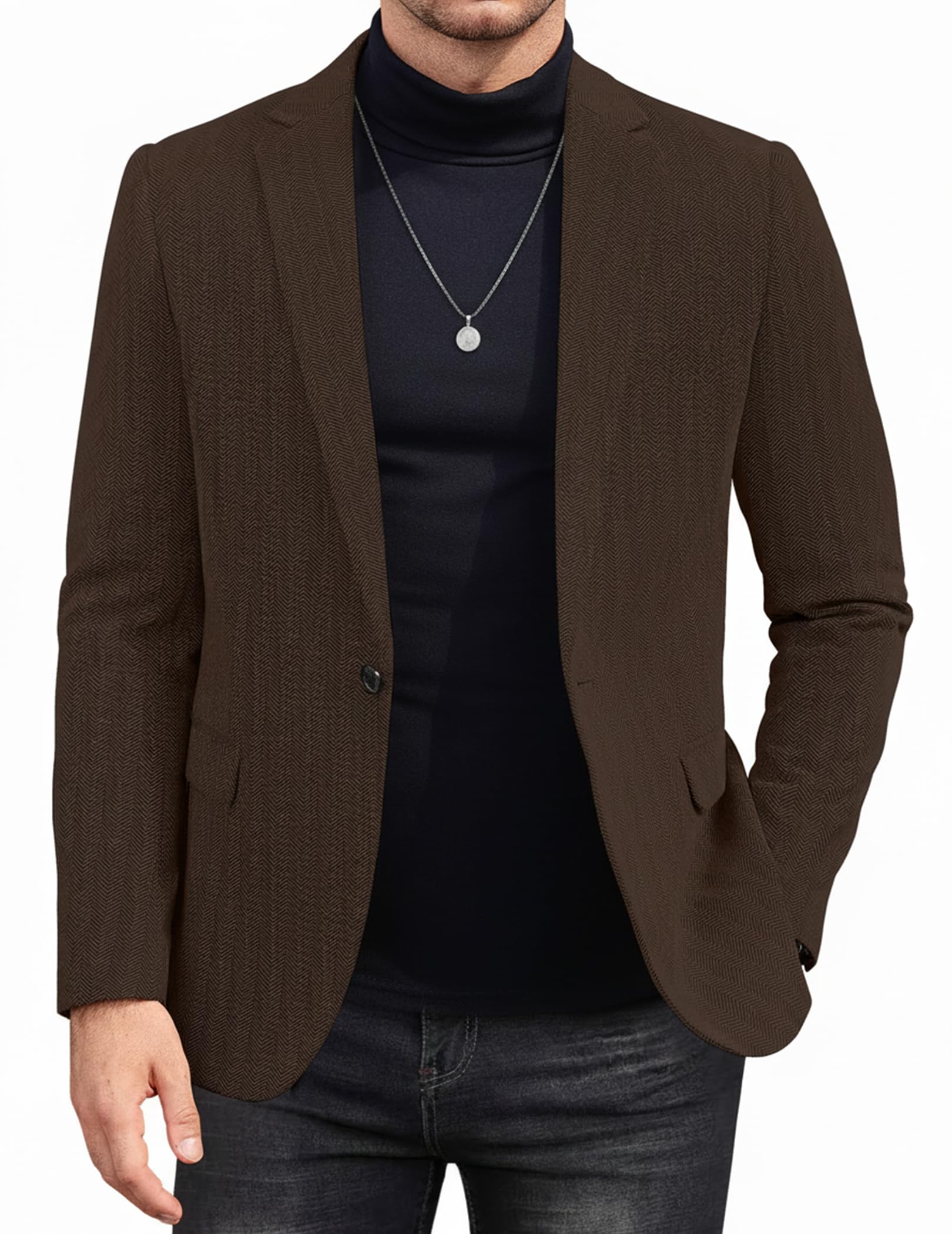 Men's Casual Blazer One Button Sports Coat Tweed Herringbone Suit Jackets Formal Dress Blazers