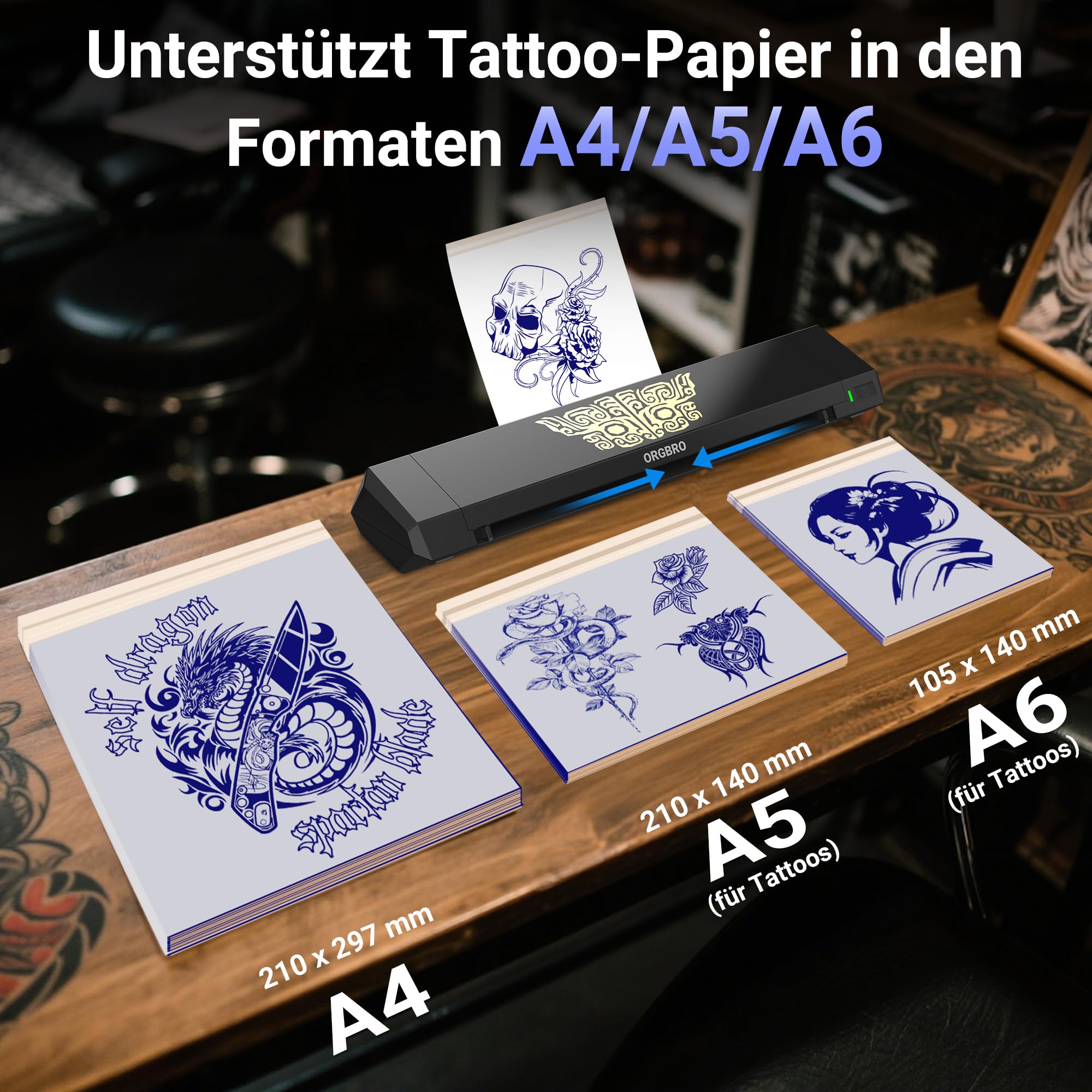 ORGBRO X8 Tattoo Drucker, Bluetooth Tattoo Stencil Drucker mit 30 Stück Transferpapier, Thermodrucker Tattoo Maschine für professionelle Künstler und Anfänger, kompatibel mit Smartphone/Tablet/PC
