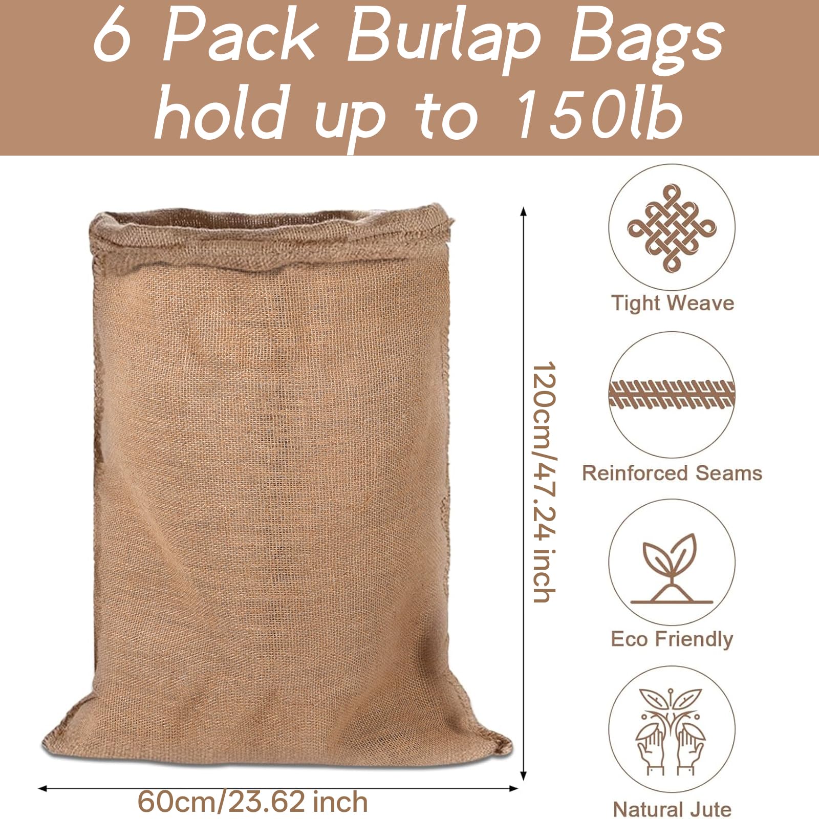 Kmise Lot de 6 grands sacs à pommes de terre en toile de jute naturelle 121,9 x 63,5 cm