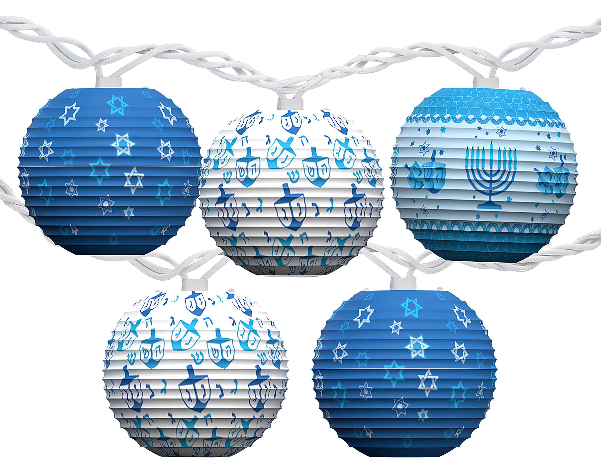 Happy LED Hanging Lanterns String Lights - Decorations Paper Lanterns - 12 Blue & White Paper Lanterns with LED Lights - 10 ft Décor