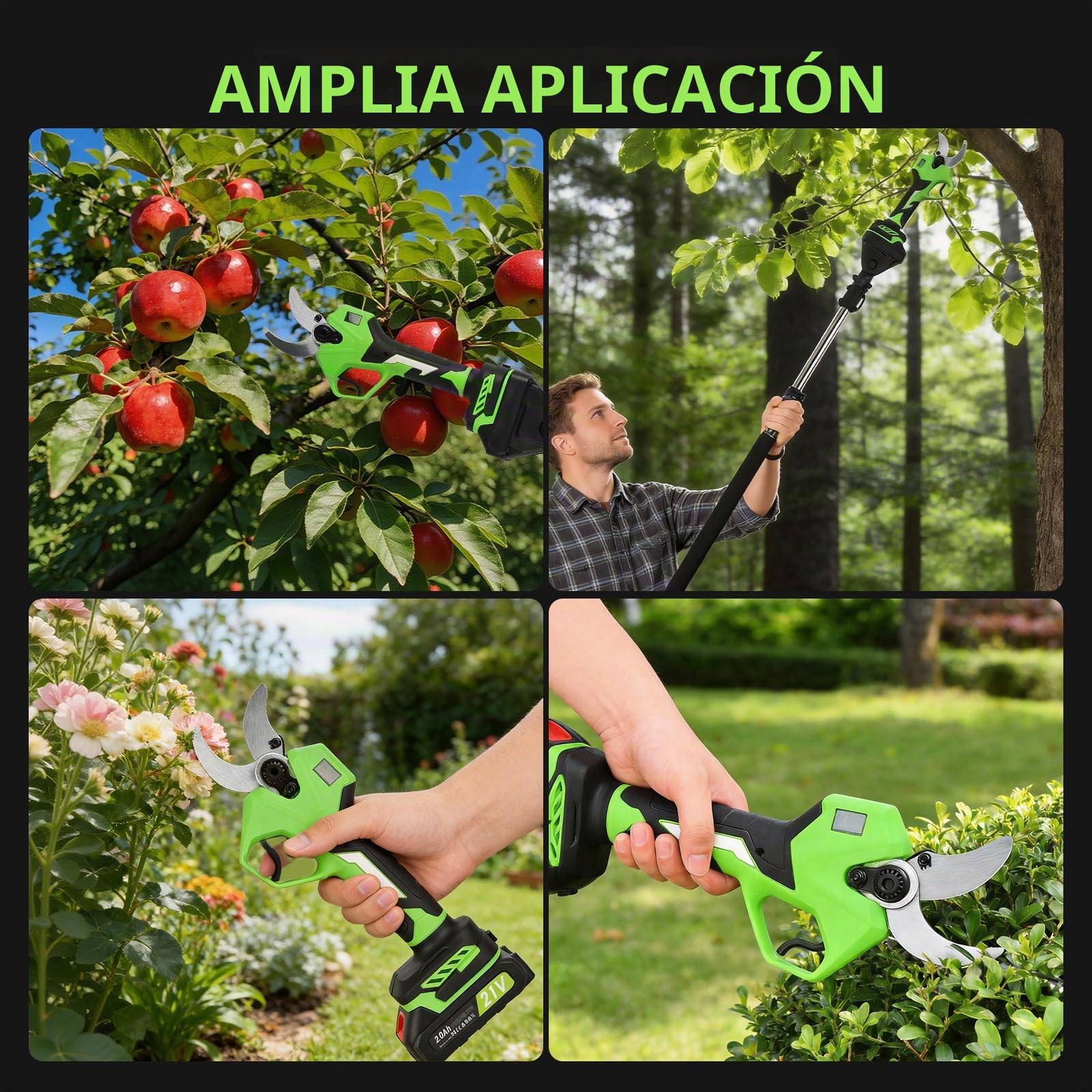 Tijeras de Podar Eléctricas con Pértiga Telescópica 2 m 30/40 mm | Cabezal giratorio 180°, pantalla de batería, perfecta para olivos, frutales y viñedos