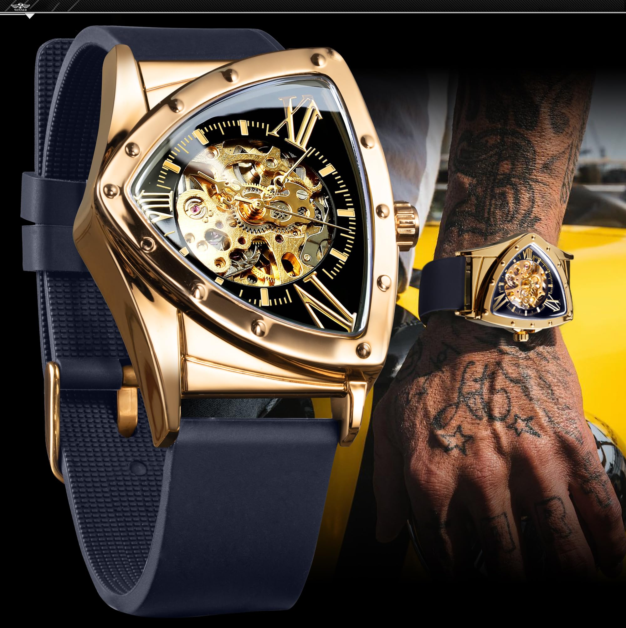 FORSINING Orologio scheletrato da uomo, meccanico automatico con quadrante triangolare, orologio luminoso a carica automatica, cinturino in silicone morbido