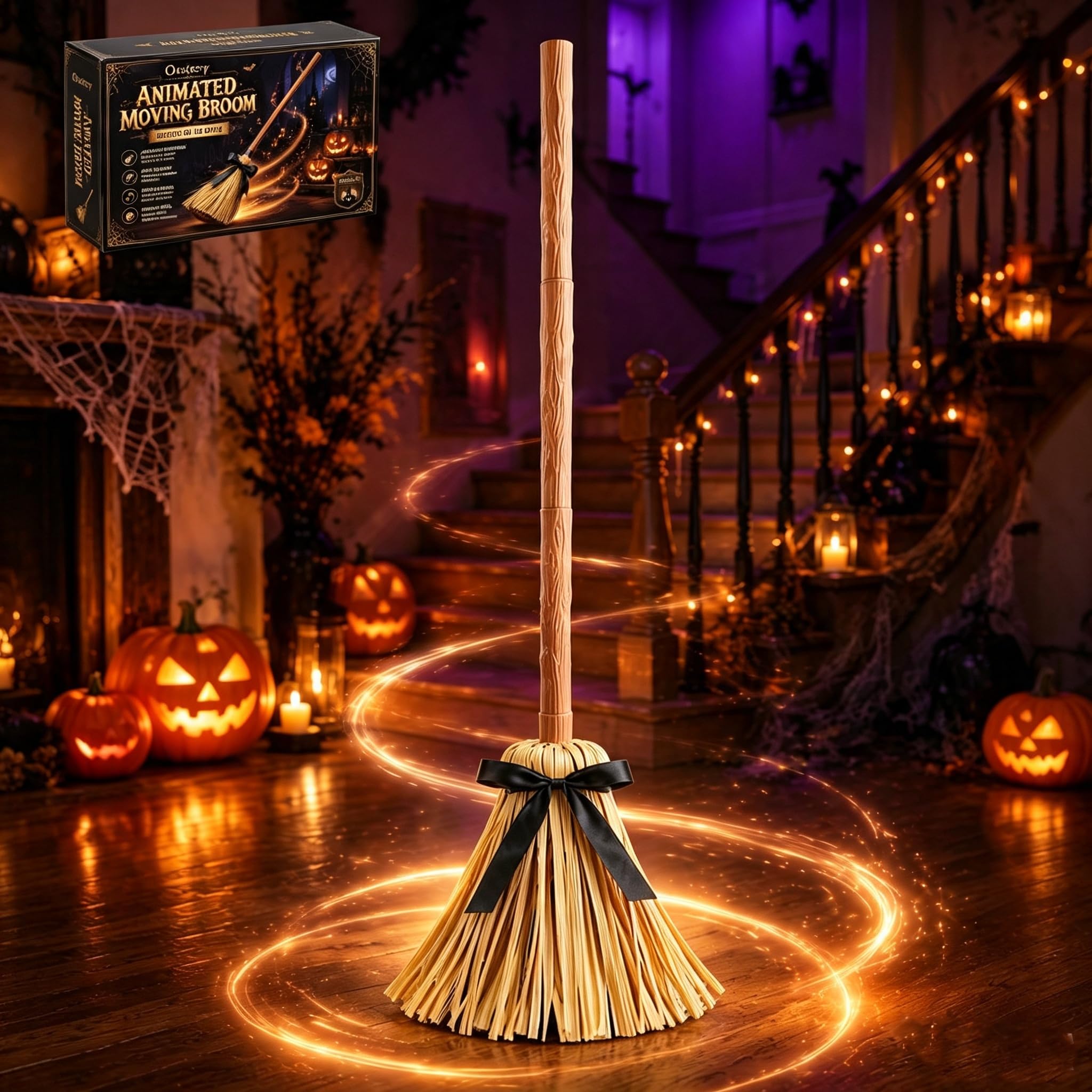 Motorised Self-Moving Witch Broom 95cm Halloween Decor Prop