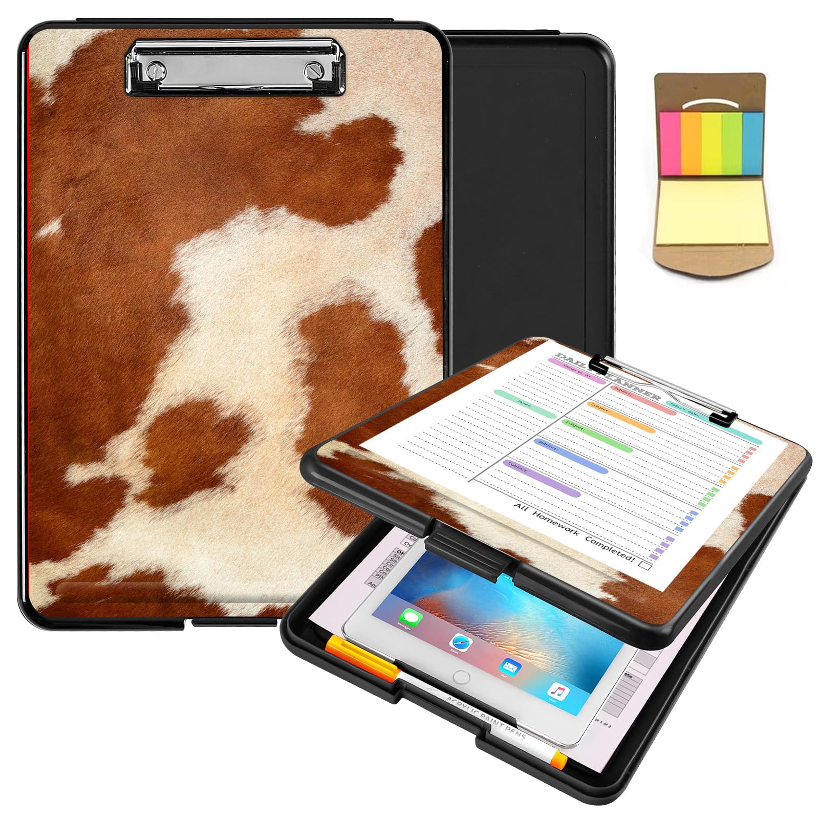 Clipboard with Storage,Heavy Duty Clip Boards 8.5X11 with Storage Pen Holder,Plastic Nursing Clipboards Foldable, A4 Legal Size Coaches Nurse Clipboard Folder Case-Cow Hide Animal Print Brown