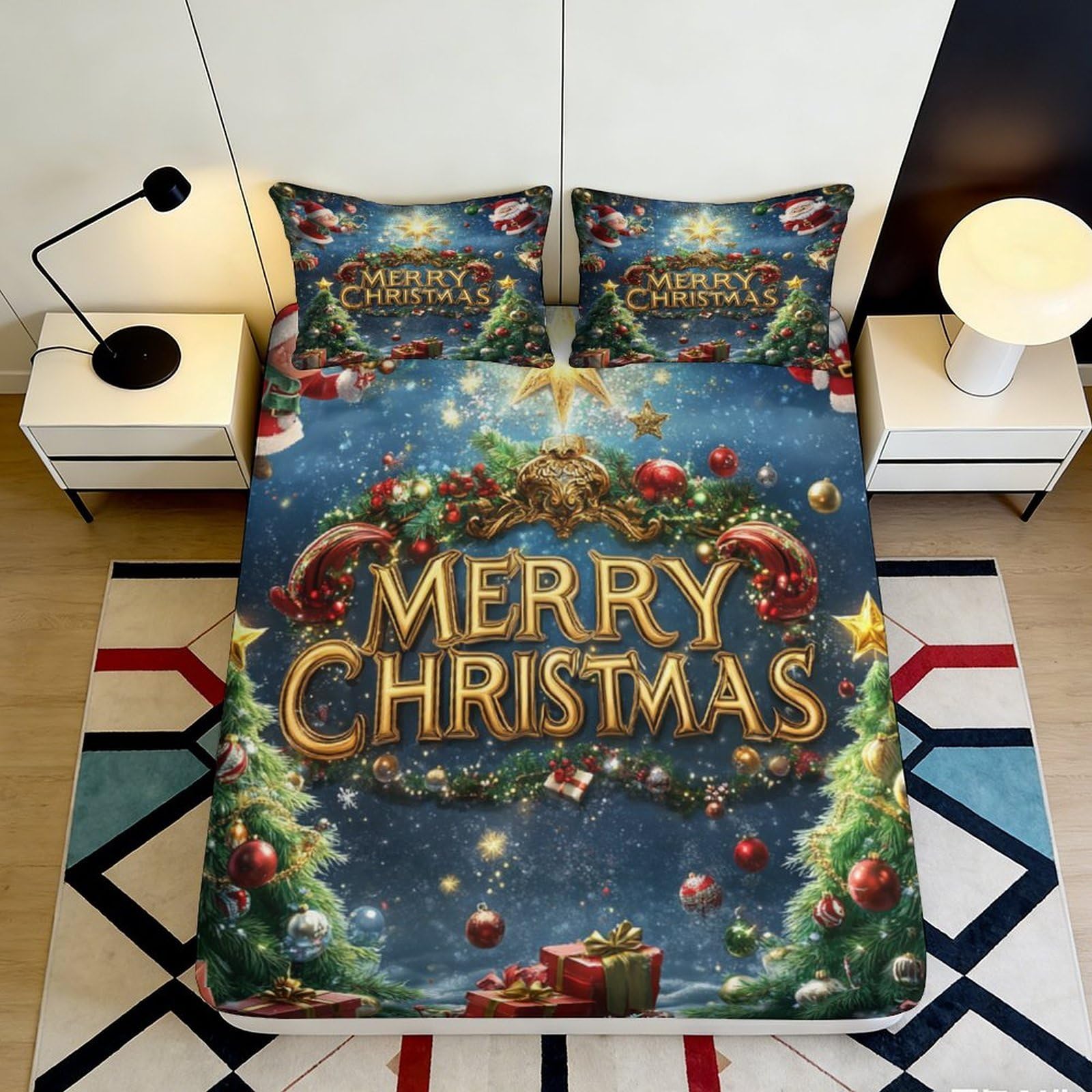 3D Printed Christmas Wreath Fitted Sheet Microfiber Soft Anti-Slip Merry Christmas Bed Cover for Bedroom Guest Room Decor 90x200x25cm