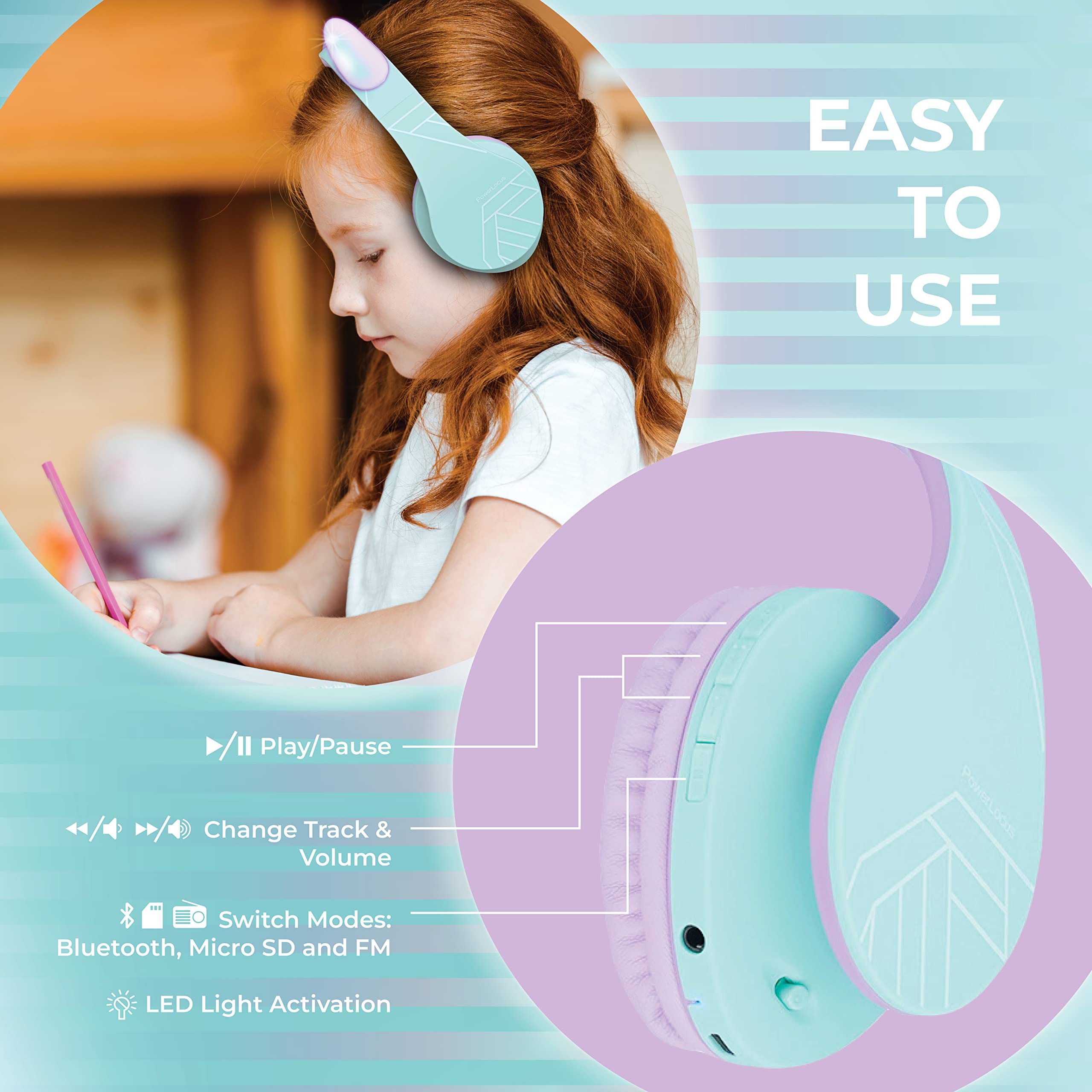 PowerLocus Dziecięce słuchawki douszne, Bluetooth z ograniczeniem głośności 85 dB, składane, z torbą do noszenia, bezprzewodowe słuchawki nauszne i kabel z mikrofonem, trybem micro SD do telefonu