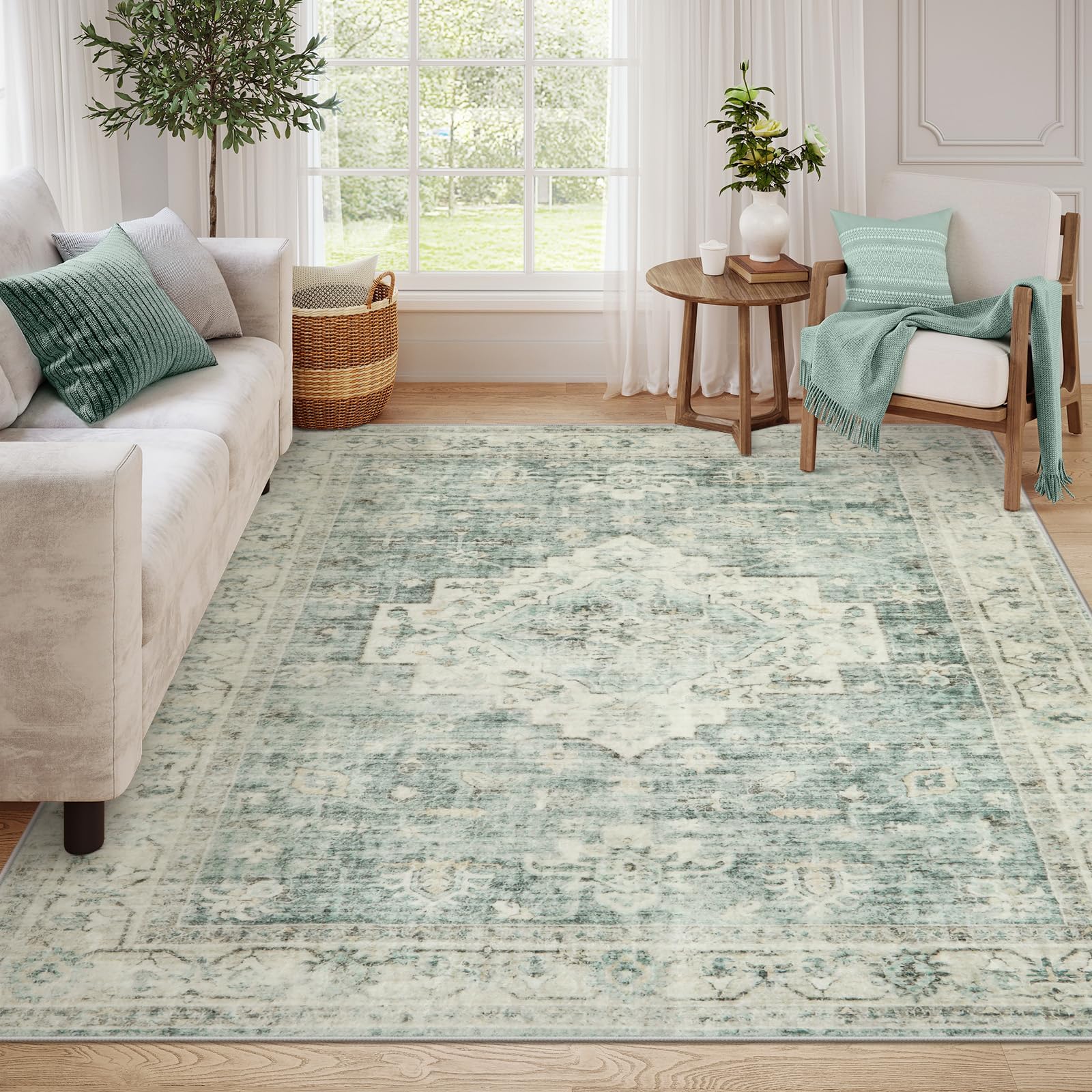 LIVEBOX Washable Area Rug 8x10 Rugs for Living Room Bedroom, Non-Slip Boho Indoor Carpet for Dining Room Office, Low-Pile Farmhouse Soft Carpets for