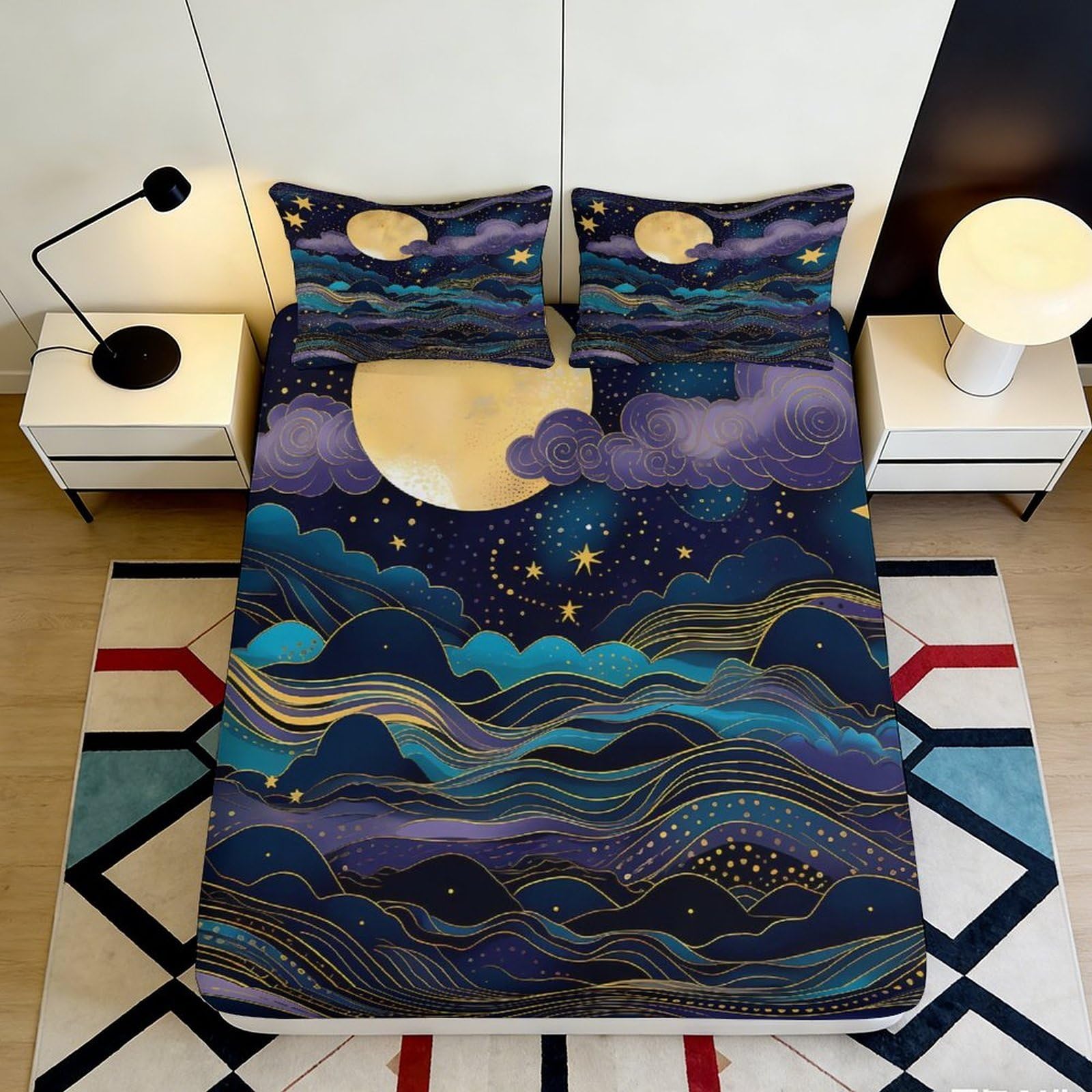3D Printed Starry Waves Fitted Sheet Microfiber Deep Pocket Non-Slip Bedroom Bedding Set Moon Mattress Fitted Cover Washable for Adults Teens 200x200x25cm 90x200x25cm