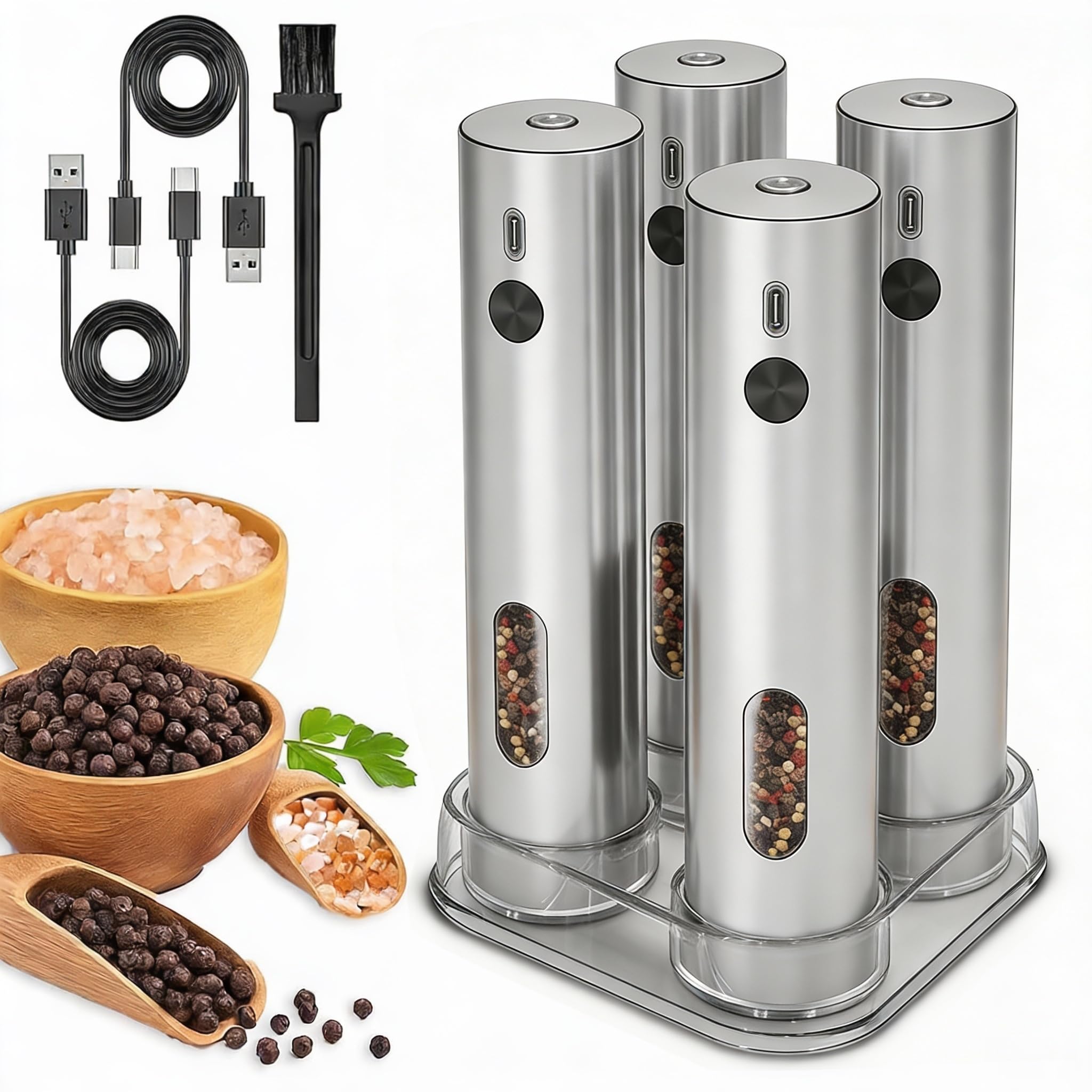 Lot de 4 moulins à poivre et sel électriques rechargeables automatiques avec 6 niveaux de grosseur réglables, lumière LED, capacité de 100 ml et charge de type C