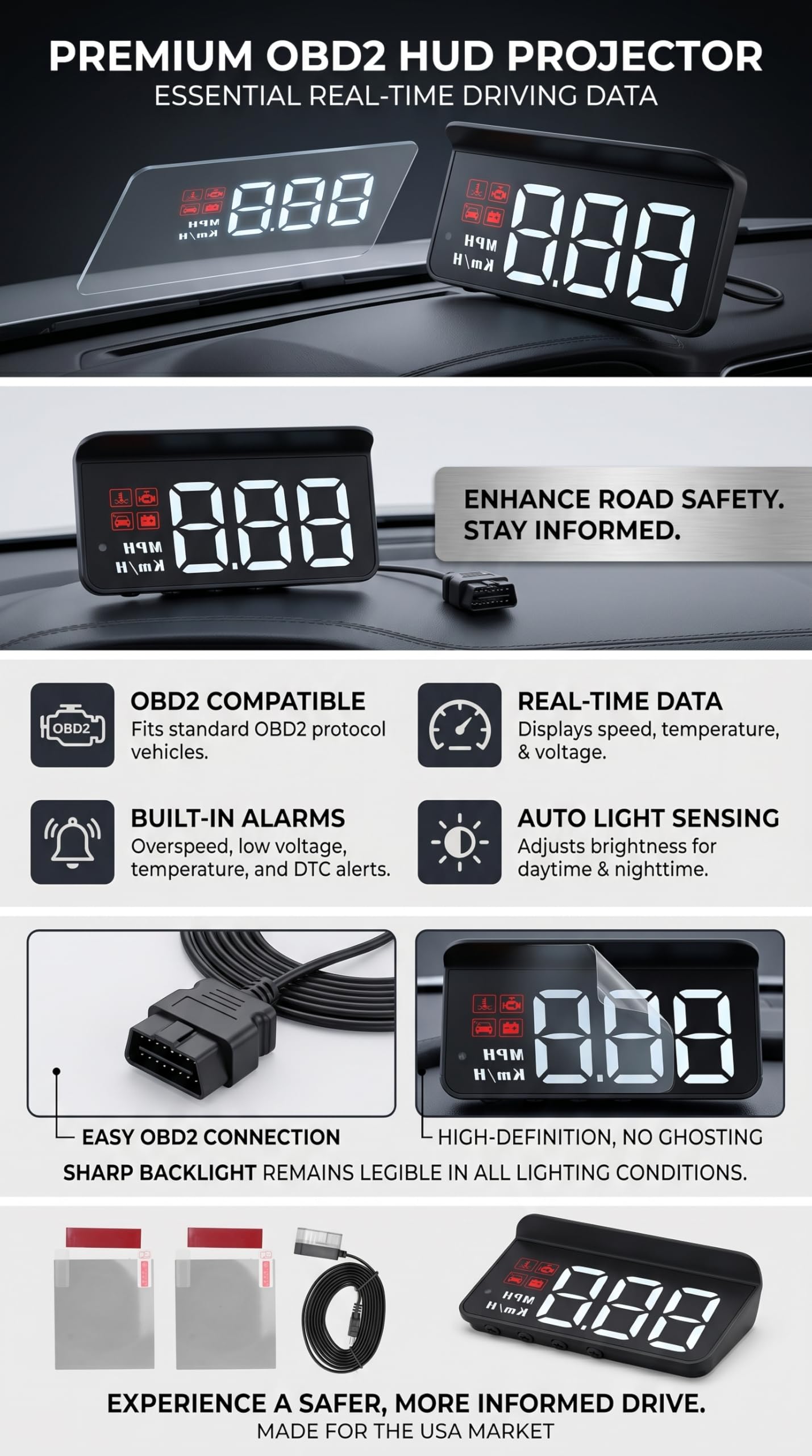 HUD Multifunzione per Auto Head Up Display Gauge, OBD2 Indicatore Parabrezza Allarme Fatica Strumento di Promemoria Guida