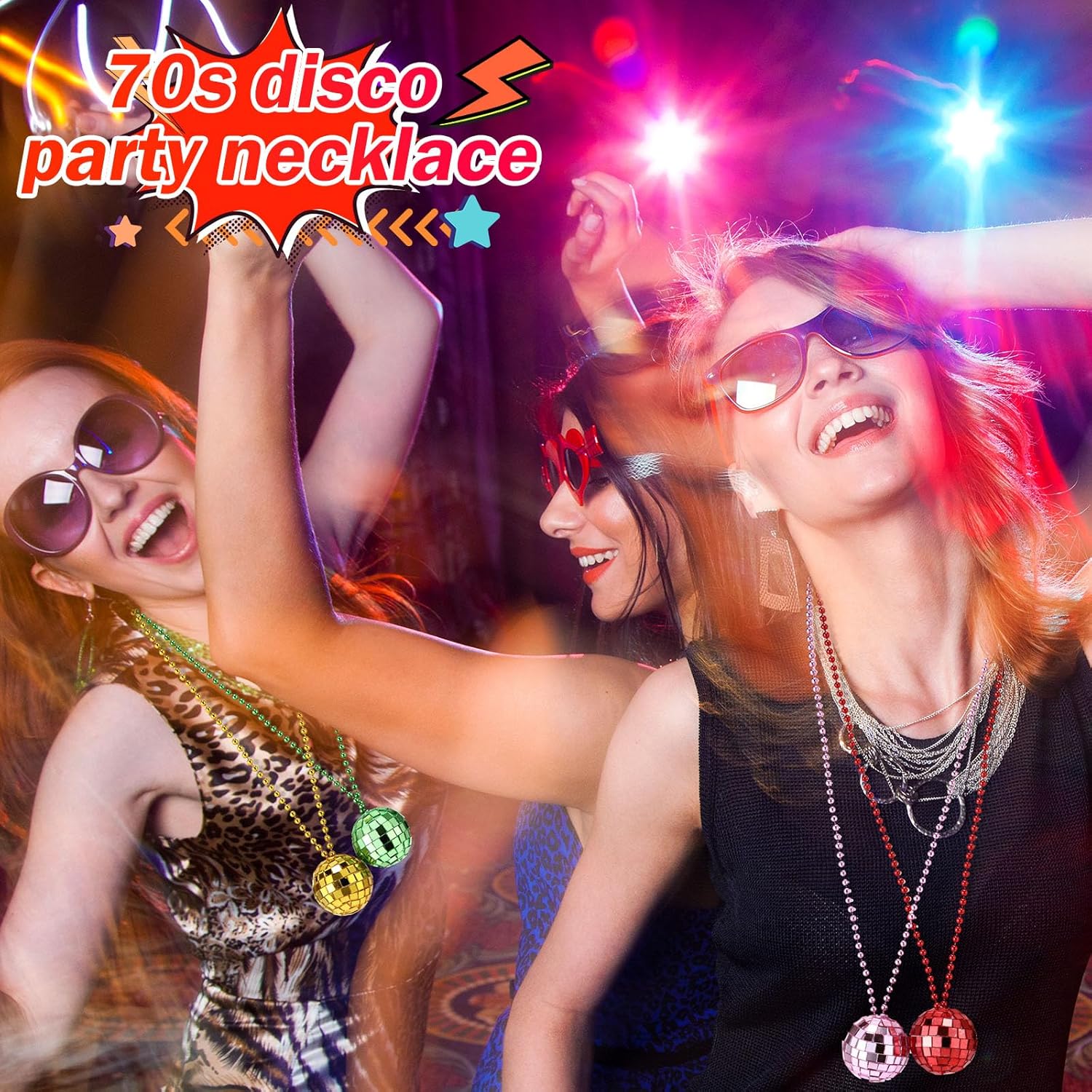 Hicarer 12 Piece Mirror Disco Ball Costume Necklaces 70s Disco Party Necklaces for Home Decorations, 1.57 Inch Stage Props, Game Accessories, Party Favor and Supplies