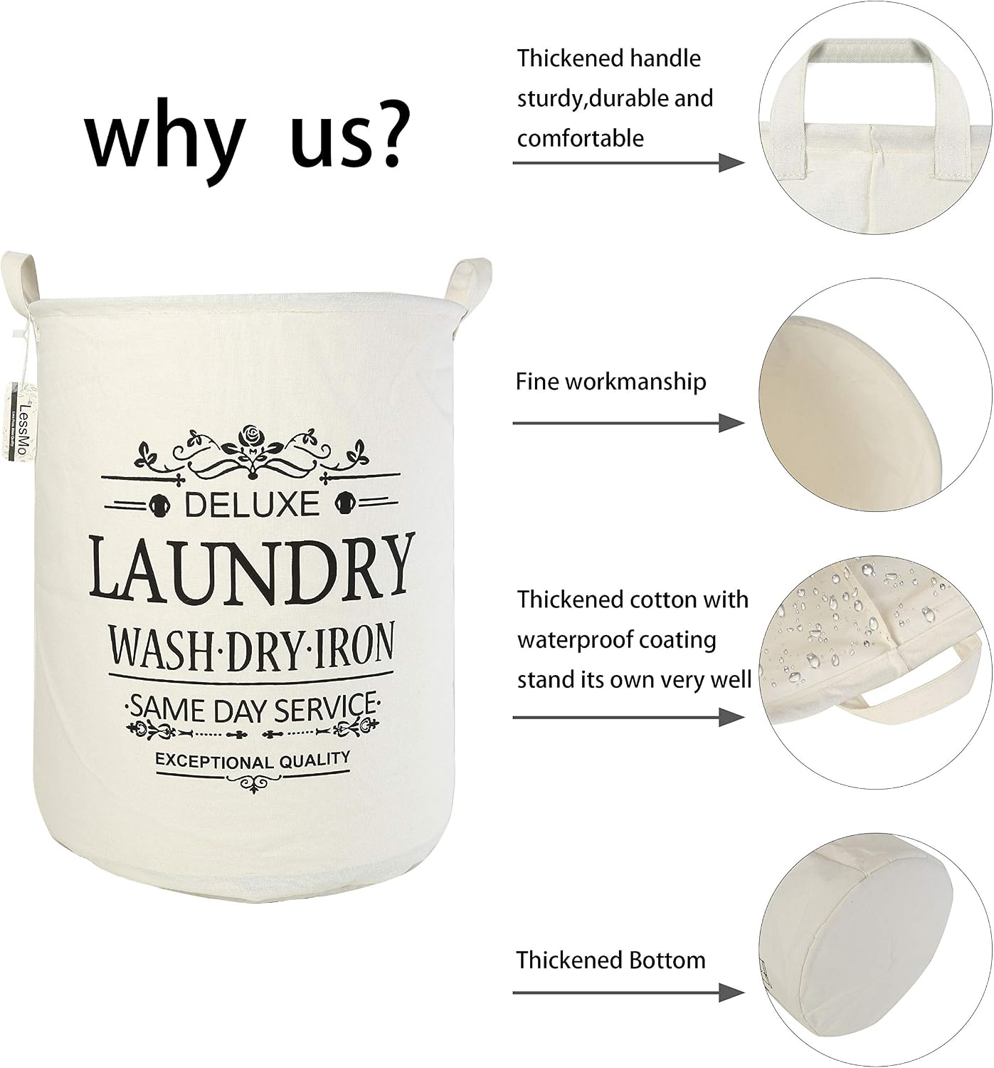 LessMo 2Pcs 19.7" Laundry Hamper, Collapsible Storage Basket With Easy Carry Handles, Waterproof Round Cotton Linen - Image 5