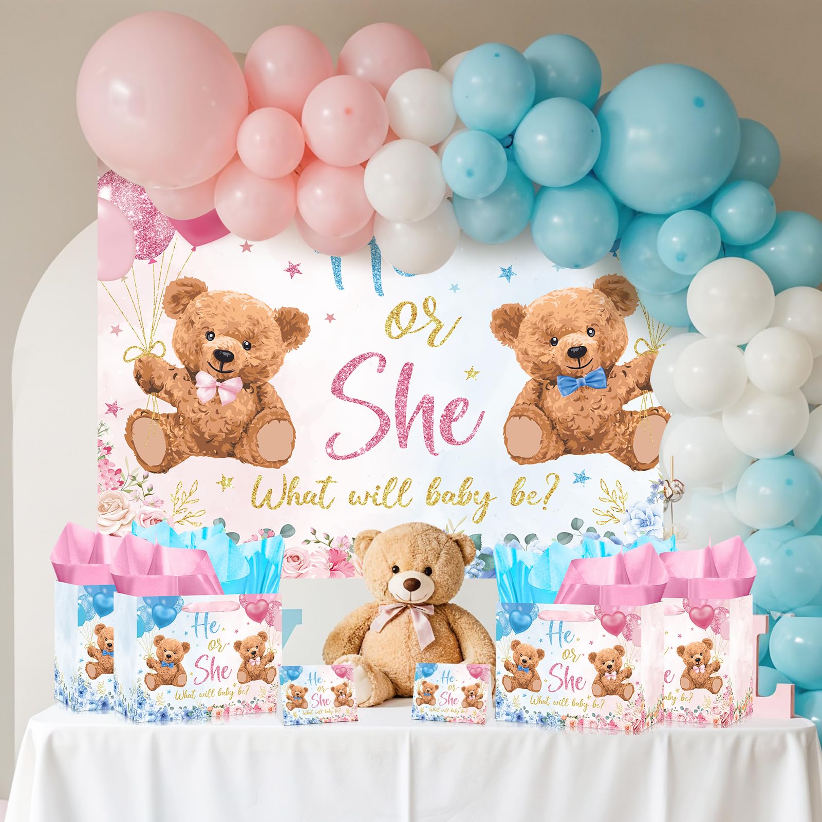 Große Papiertüte mit Seidenpapier und Grußkarte, Bär, Babyparty, Geschenkpapiertüte, Rosa und Blau, He or She Gender Reveal Treat Candy Bags für Babyparty, Partyzubehör, Dekorationen