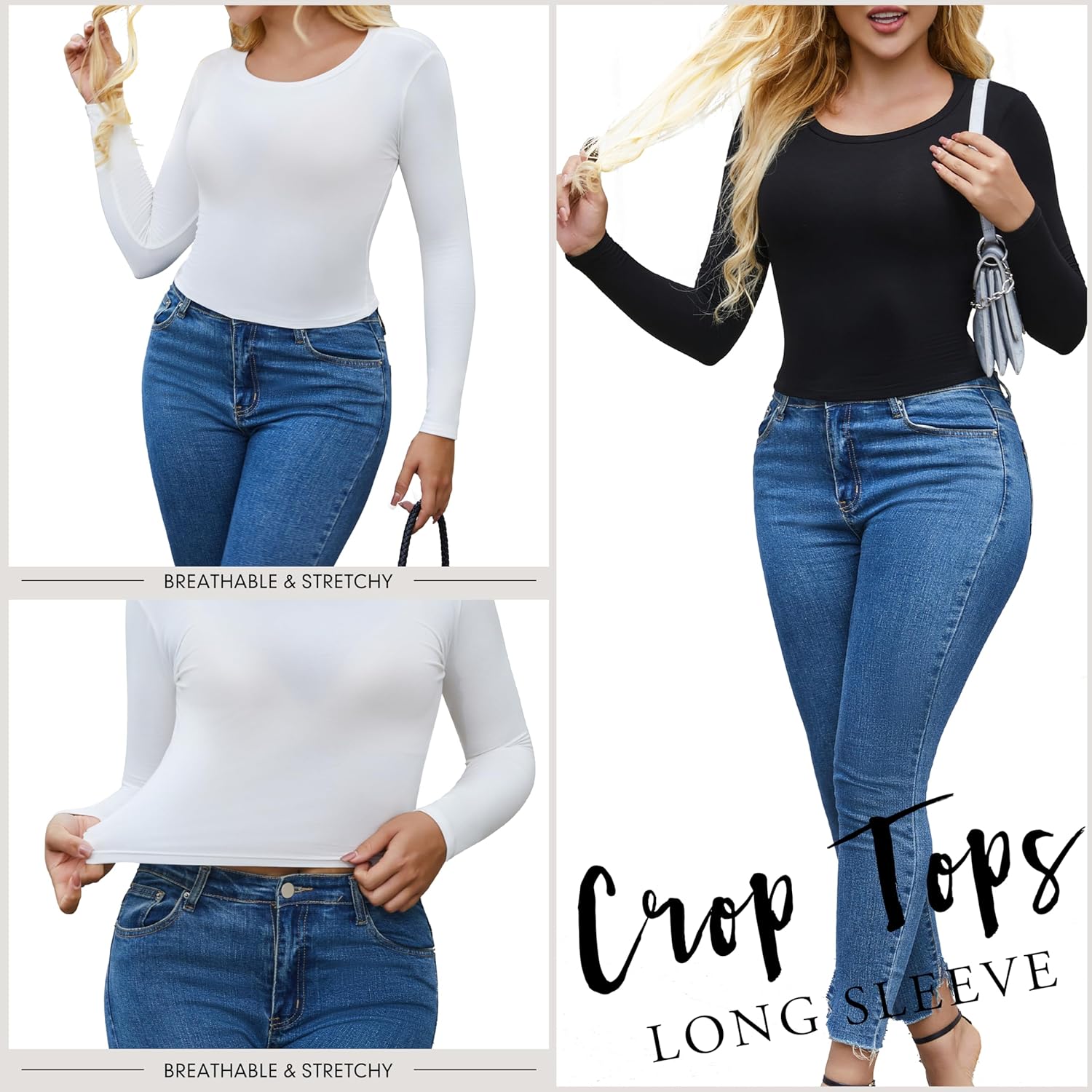 5 Piece Women's Activewear T-Shirts Long Sleeve Crop Tops Crew Neck Stretch Fitted Workout Clothing - Image 4