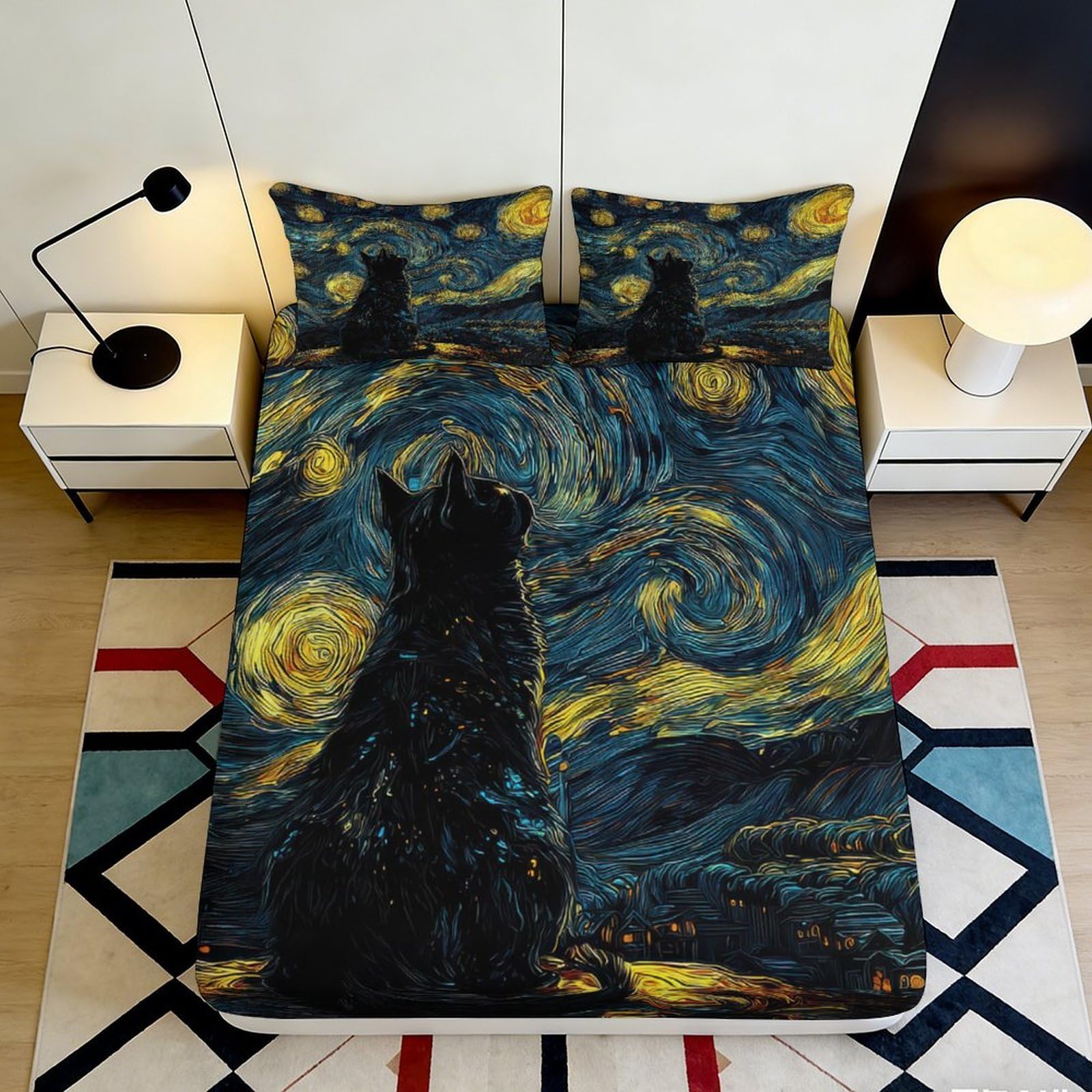 3D Printed Starry Night Cat Fitted Sheet Microfiber Soft Durable Cosmic Nebula Bed Cover for Bedroom Dormitory Guest Room Mattress Protection 120x200x25cm