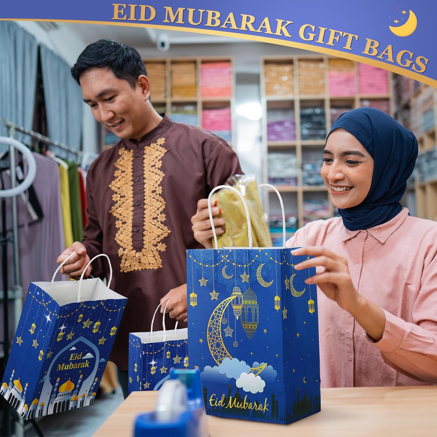 Trandraft 24 Pcs Ramadan Mubarak Gift Bags with Tissue Paper Ramadan Goodies Happy Eid Gift Bags Muslim Party Favor with Handle for Eid Muslim Supplies Al Fitr Party Decoration(Blue) - Image 5