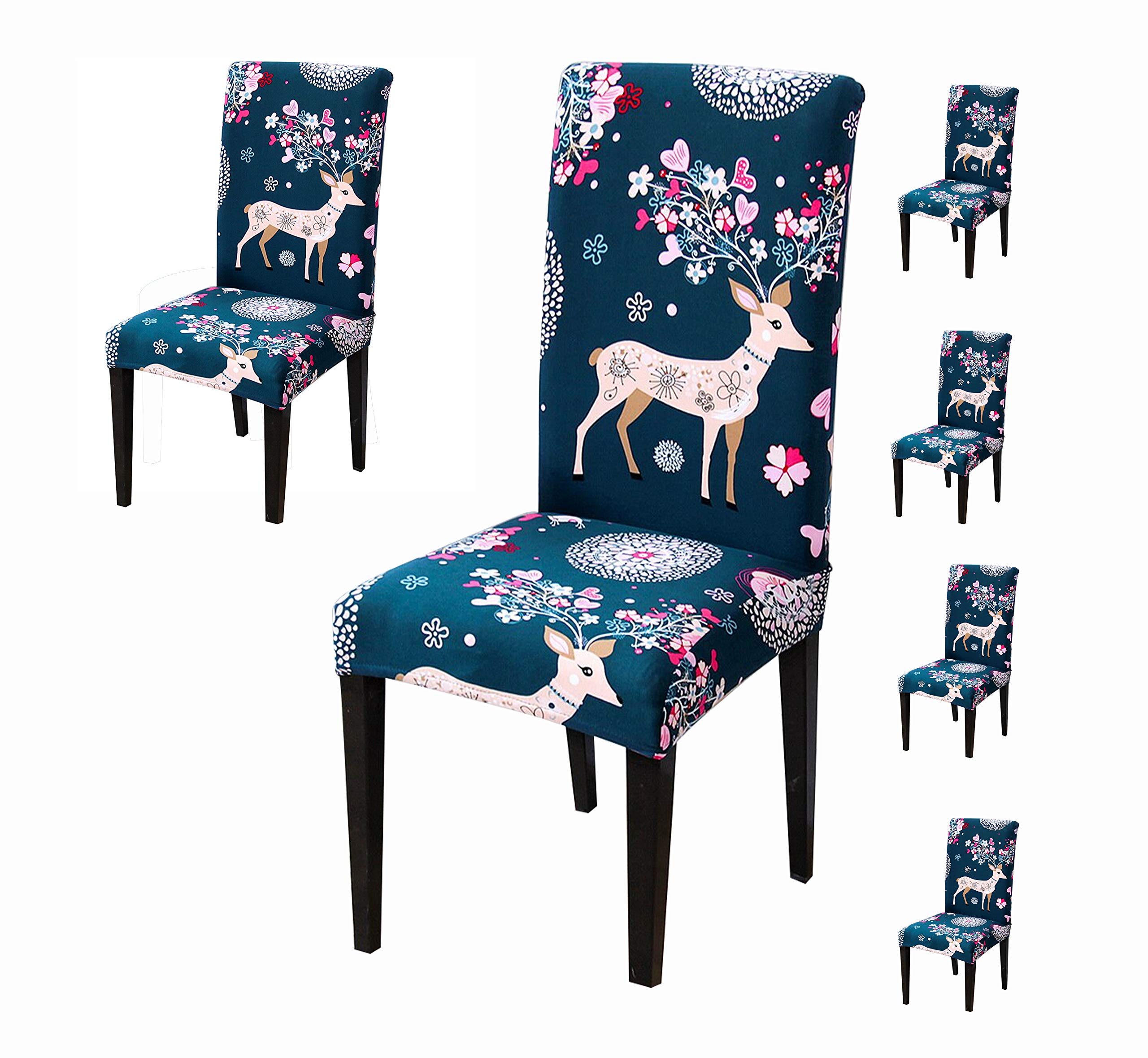 House of Quirk Polyester Flowered Elastic Stretch Removable Washable Short Dining Chair Cover Protector Seat Slipcover (Blue Deer) -6 Pieces