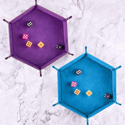 Miniatura 6 de SIQUK 2 bandejas de dados de piel sintética plegable hexagonal para juegos de dados como RPG, DND y otros juegos de mesa (violeta, azul cielo)
