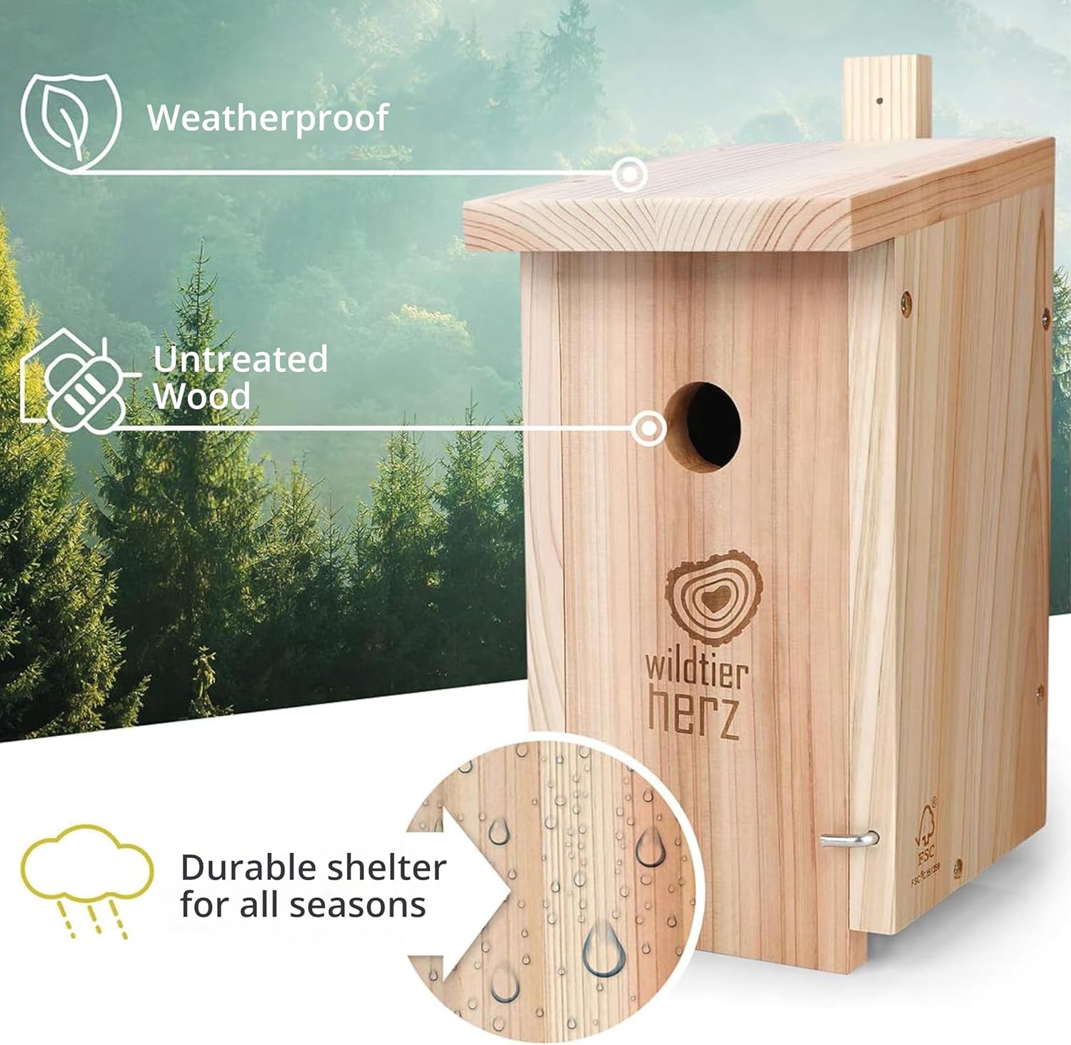 Wildlife Heart Birdhouse for Great Tits, 32mm, Solid Wood, Screwed | Weatherproof Nesting Boxes for Birds | Natural & Robust Titmouse Bird House
