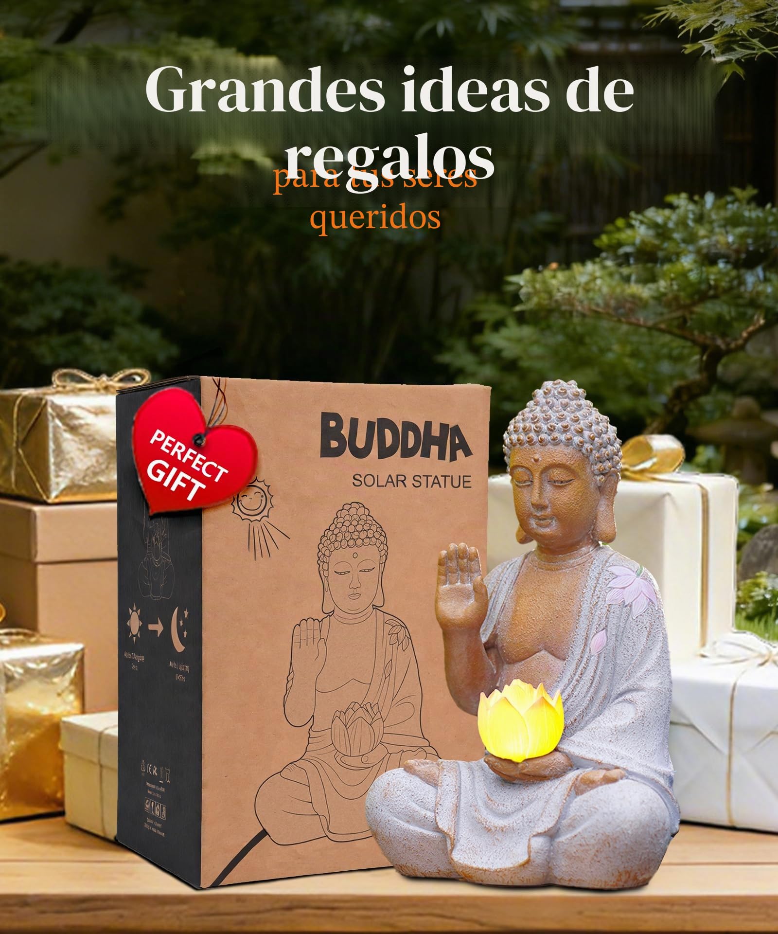 Yeomoo Figura de Buda con LED Solar LED Decoración de Jardín - Resistente a la intemperie Meditación Jardín Figuras Decoración para Zen Jardín Salón Feng Shui Regalo Espiritual para Mujeres Mamá