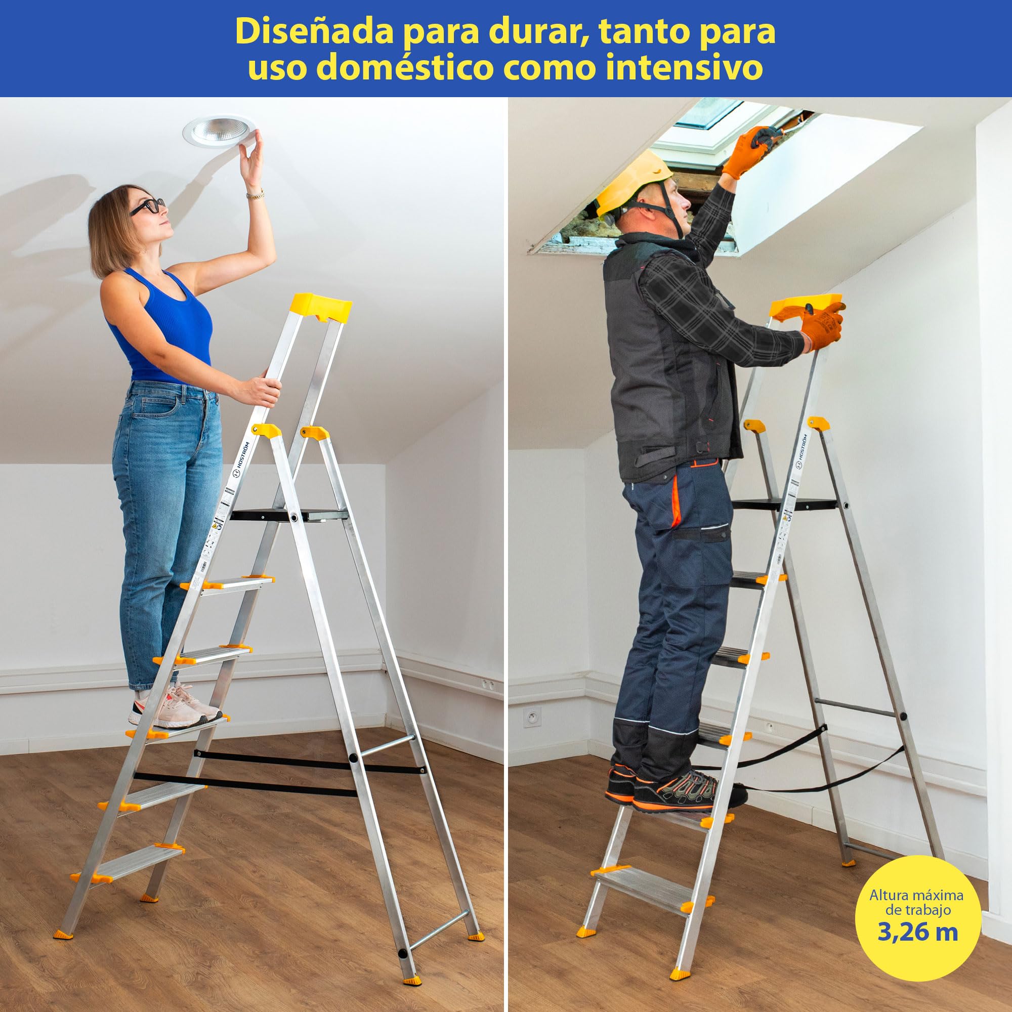HOSTRÖM Escalera de 6 peldaños en Aluminio, Plegable y Segura, Bandeja portaherramientas, peldaños Anchos 12 cm, Uso doméstico y Pro, garantía 5 años.