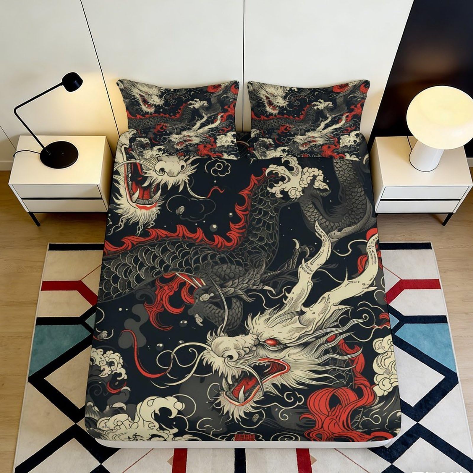 3D Printed Dragon Pattern Fitted Sheet Microfiber Soft Durable 3D Printed Oriental Style Bed Cover for Bedroom Dormitory Guest Room Mattress Protection 200x200x25cm