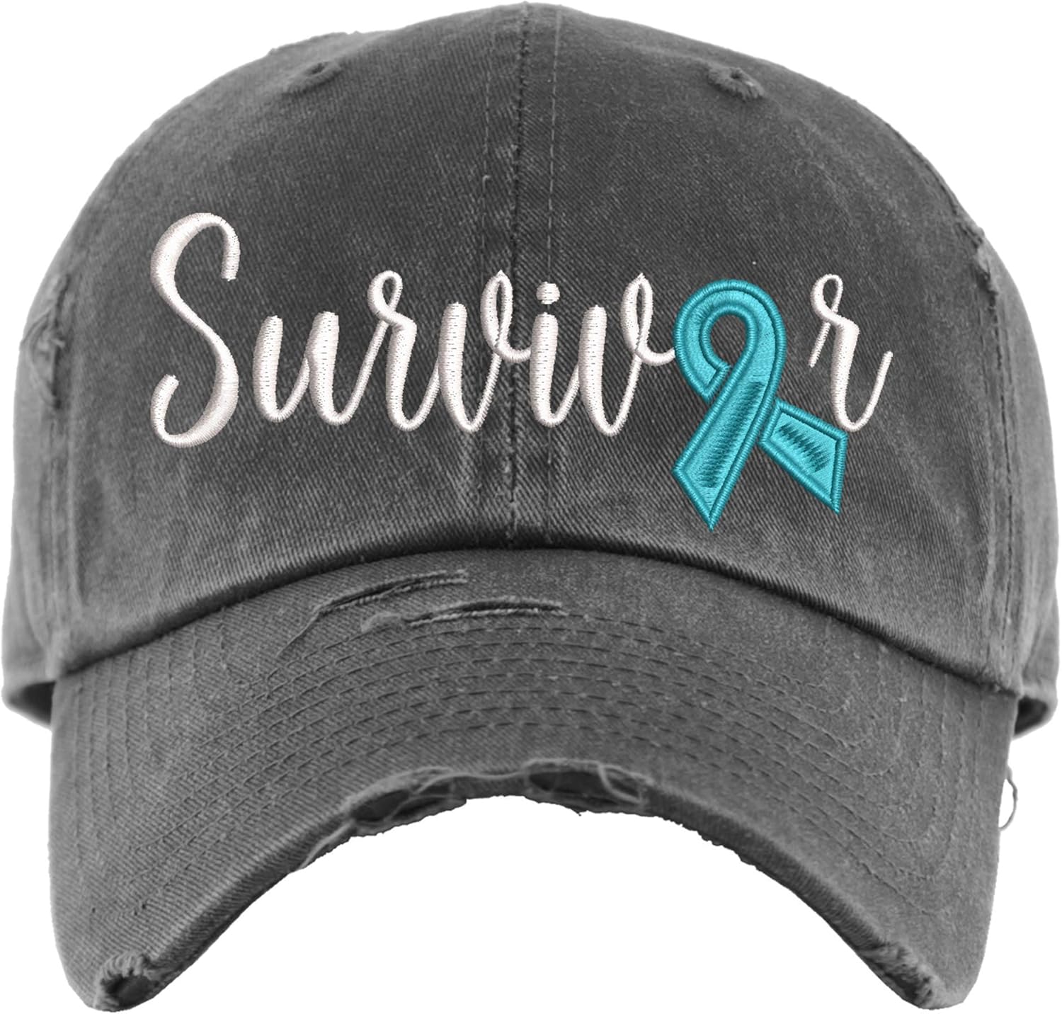 Sew Vivid Designs Cancer Survivor Hat | Custom Ribbon Color | Distressed Baseball Cap or Ponytail Hat | Ovarian Cancer Awareness