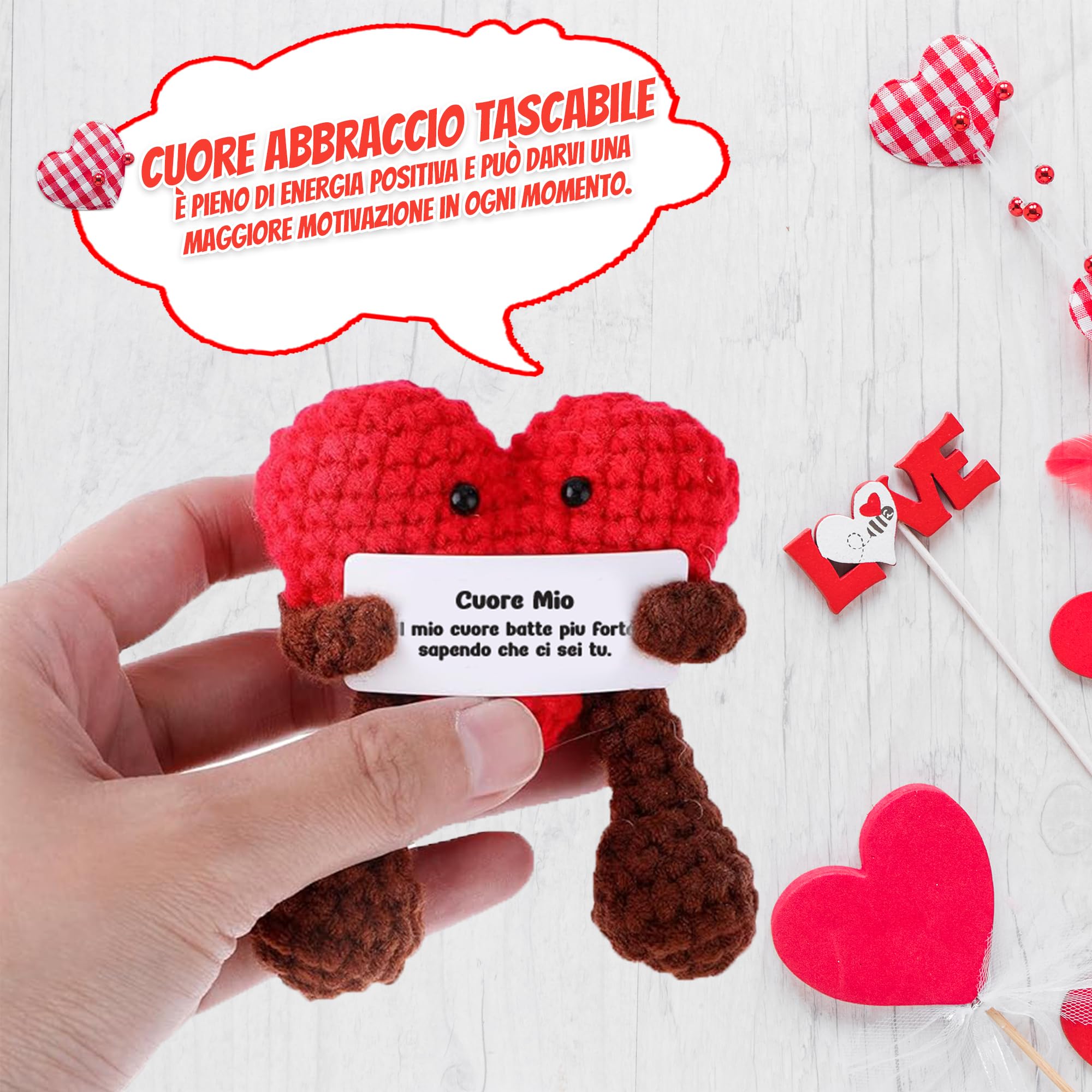 WELCOMAT Cuore Mio, Messaggio Romantico in Italiano, Mini Bambola, Idea Regalo per Anniversario, Mesiversario, Coppia, Amici, Coppia, Lavorata a Maglia Patata Positiva