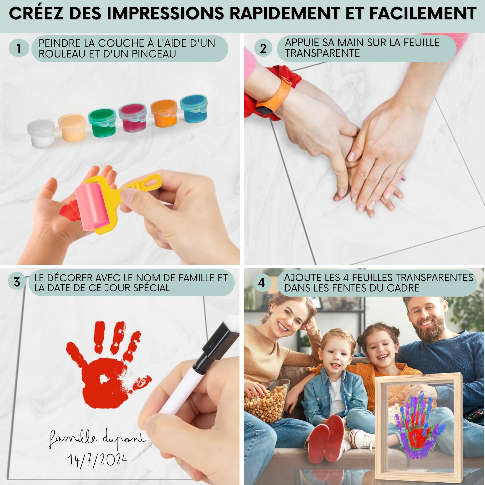 HuBorns - Cadre Empreinte Main Famille et Empreinte Main Pied Bebe avec Espace pour 4 Empreintes, Kit Empreinte Bebe pour Peindre les Mains de Toute la Famille, Cadeau Bebe Naissance