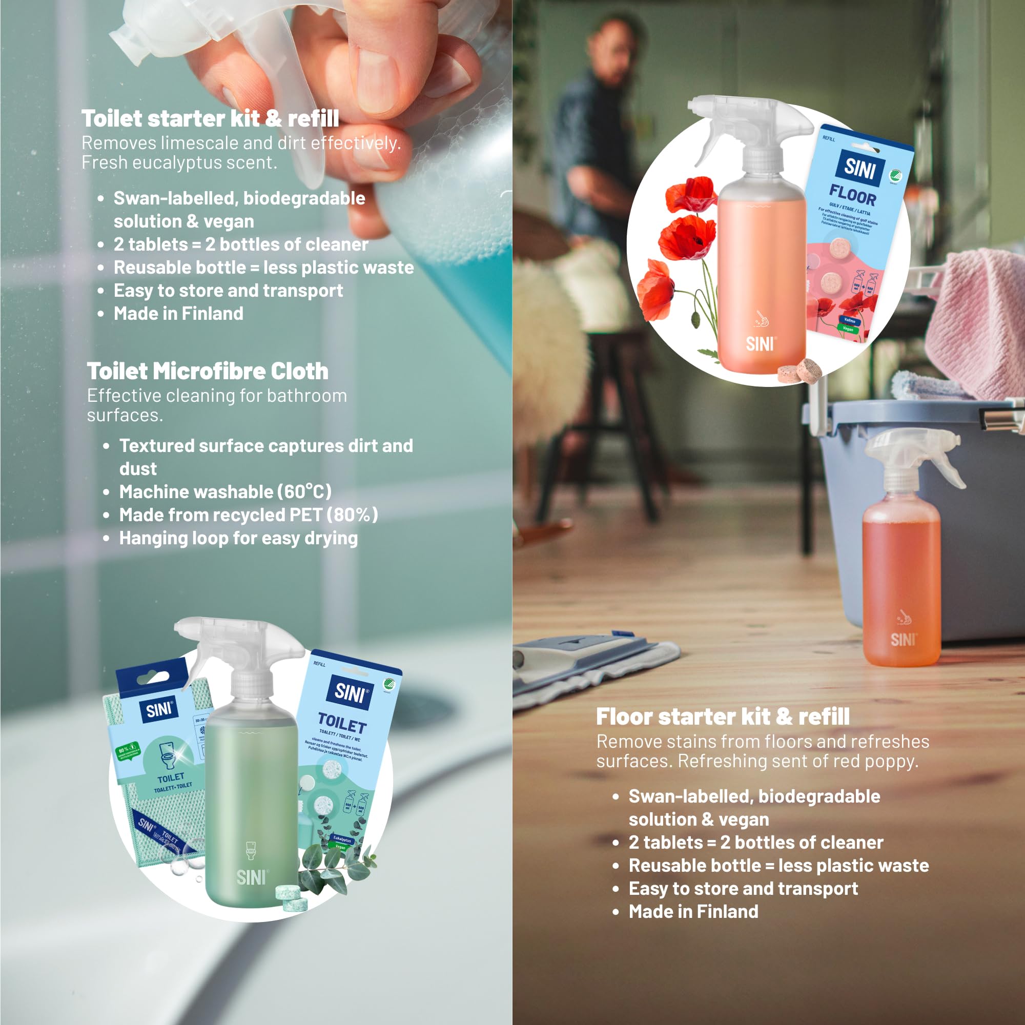 SINI Reinigung Starterset Bundle Groß – 17-teiliges Set – 6 Sprühflaschen, 12 Refill-Tabs & 5 Mikrofasertücher – Komplett-Set für Küche, Bad, WC, Fenster, Boden & Universal