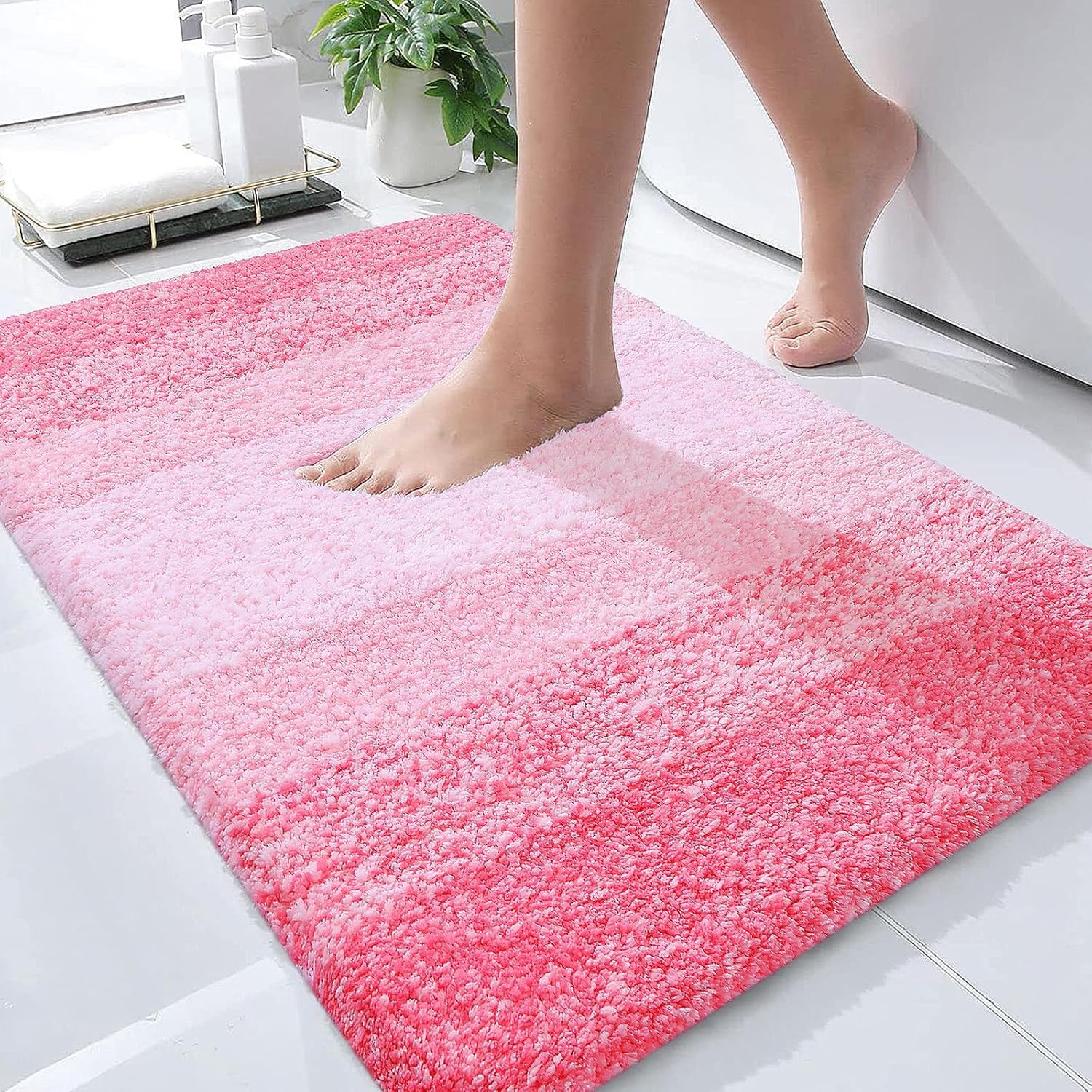 TYCOM Bathroom Rugs Bath Mat, 51x76cm, Non-Slip Fluffy Soft Plush Microfiber Shower Carpet Rug, Machine Washable Quick Dry Ultra Shaggy Bath Mats for Tub, Bathroom and Shower - ZR028-Pink