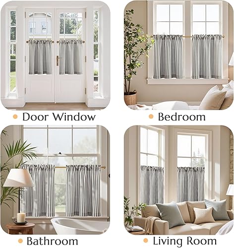 Miniatura 4 de jinchan Cortinas de cocina a rayas de lino, cortinas de lino a rayas de 24 pulgadas de largo para sala de estar, baño, cortinas de granja con