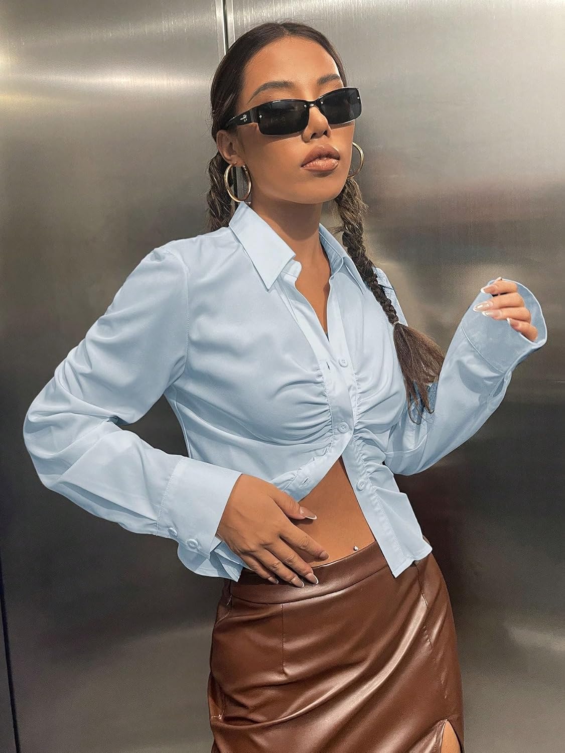 SweatyRocks Women's Long Sleeve Button Up Shirt Collar Neck Cinched Ruched Fitted Blouse Top - Image 3