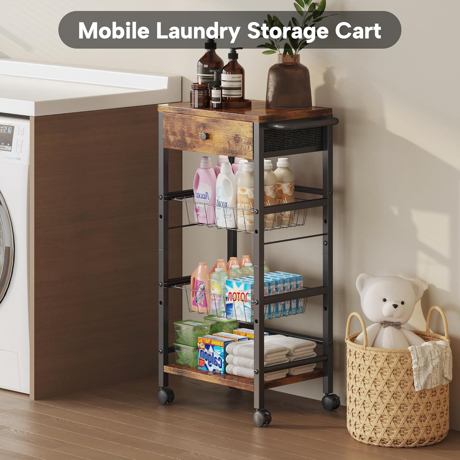 Mobile laundry storage cart in use
