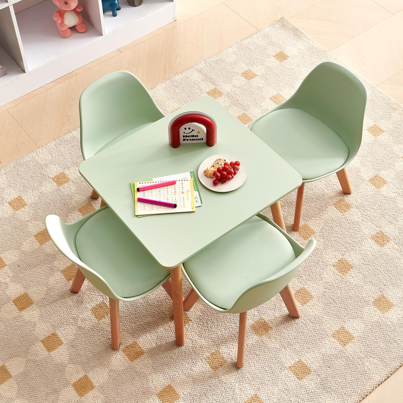 Mesa Infantil con 2 sillas, Grupo de Asientos Infantiles, de Madera de Haya Maciza sostenible FSC, niños de 1 a 6 años, mobiliario Infantil para Habitaciones Infantiles, guarderías, Verde