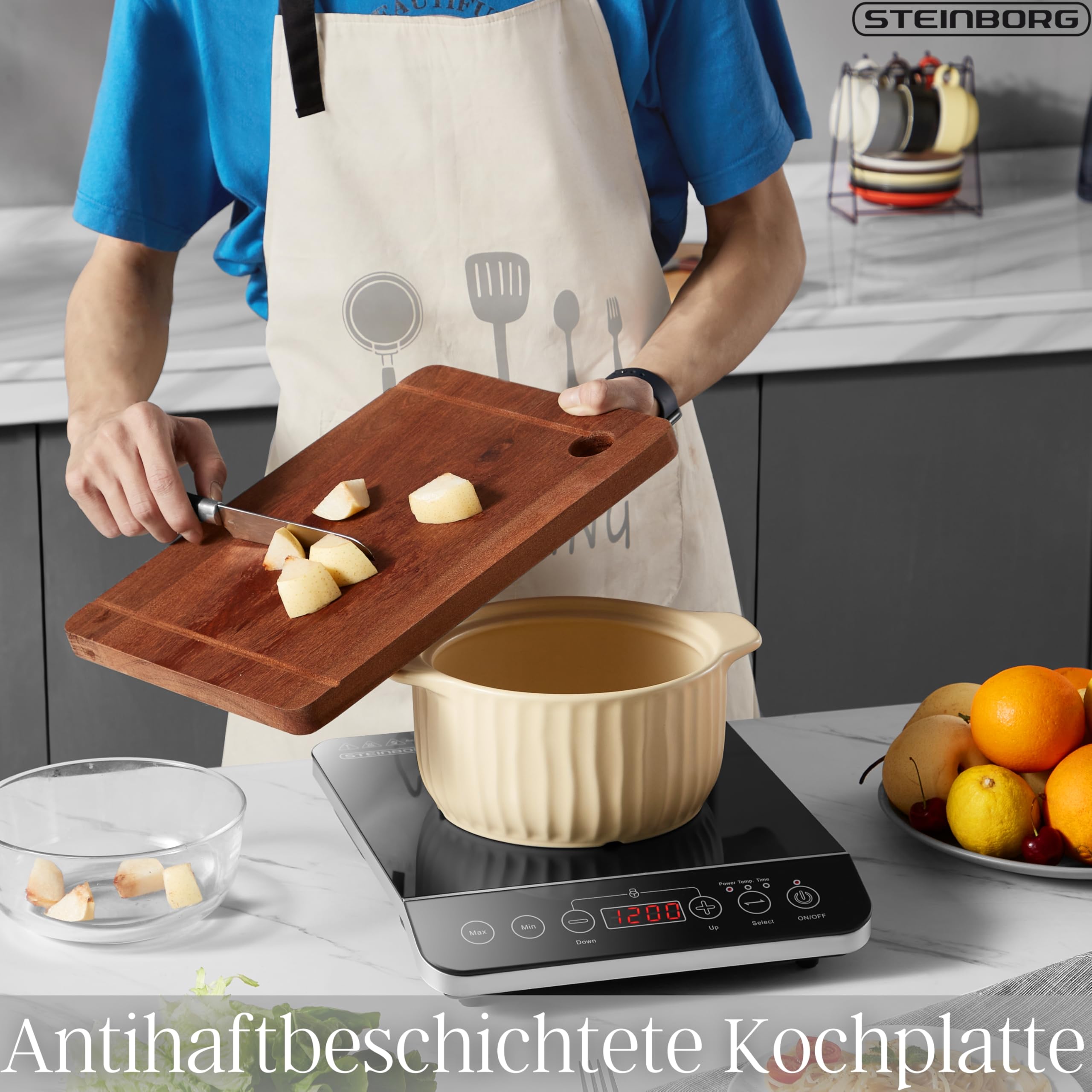 Steinborg® Induktionskochplatte Induktionskochfeld 1 Platte 2000 Watt Automatikprogramme Herdplatte Kochplatte Induktion Induktionsherd Touch Bedienfeld Kindersicherung Induktionsplatte