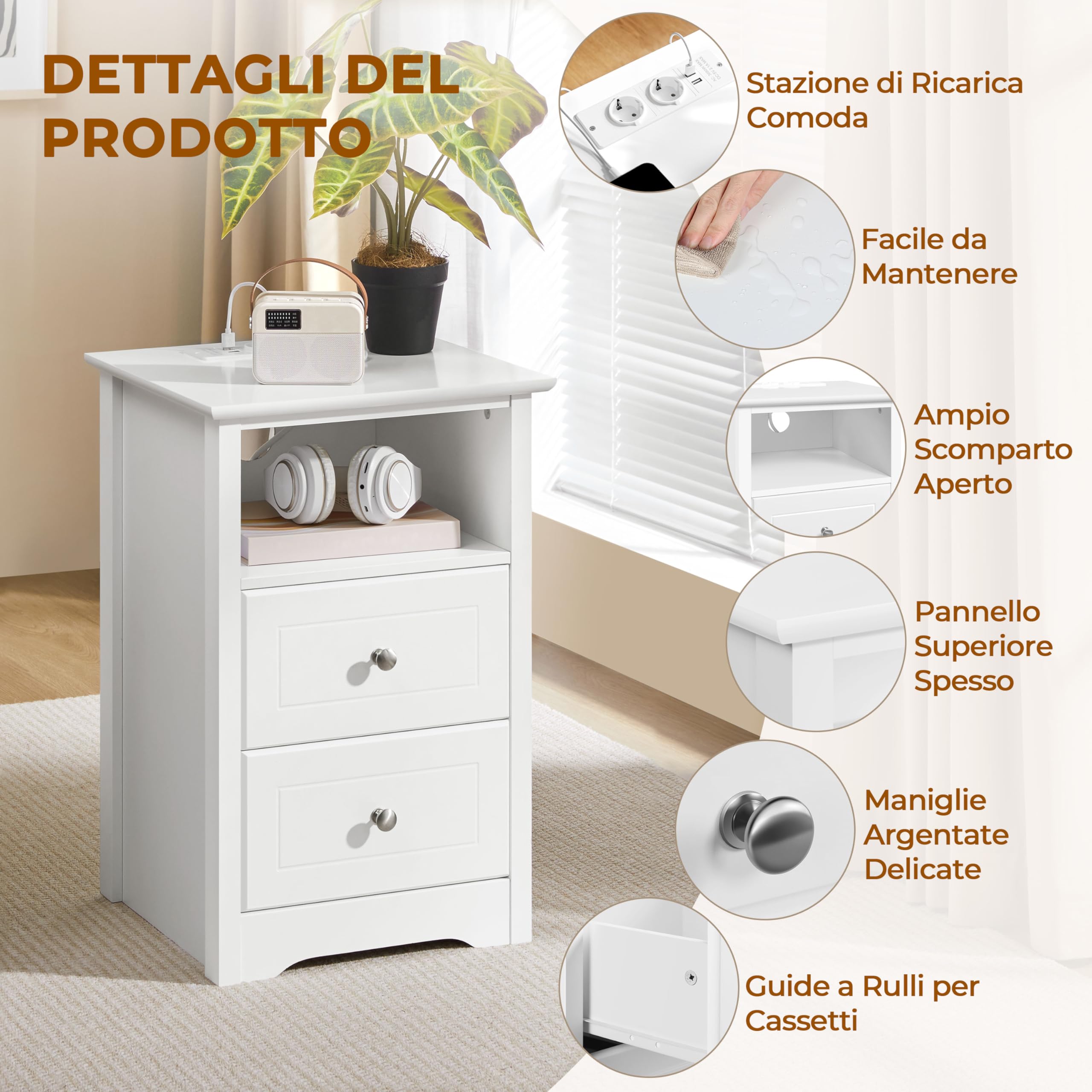 Yaheetech Comodino Camera da Letto con Stazione di Ricarica 2 Porte USB e 2 Prese AC Comodino Smart con 2 Cassetti e Scomparto Tavolino Laterale da Divano per Soggiorno (2)