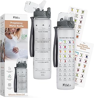 Mewl Pregnancy Water Bottle Tracker with Straw (BPA Free) - Weekly Pregnancy Milestone Stickers & Motivational Water Bottle with Time Marker - Pregnancy Must Haves & First Time Mom Gift