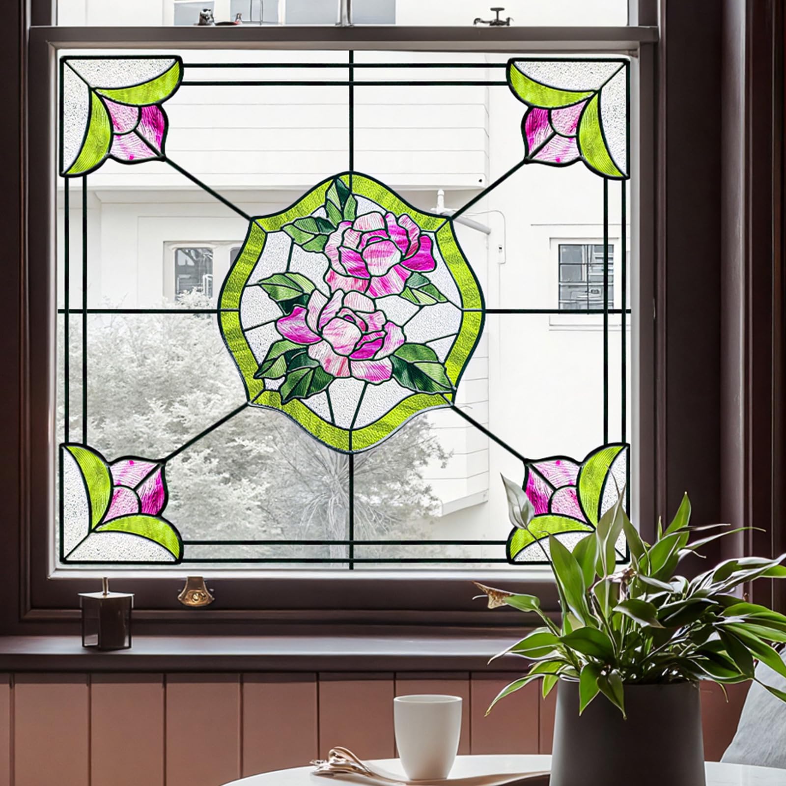 Window Stickers, ‌Stained Glass Window Privacy Film, UV Blocking Static Cling for Home Kitchen Office Bathroom, Rose Garden, 11.87" X 15.7"