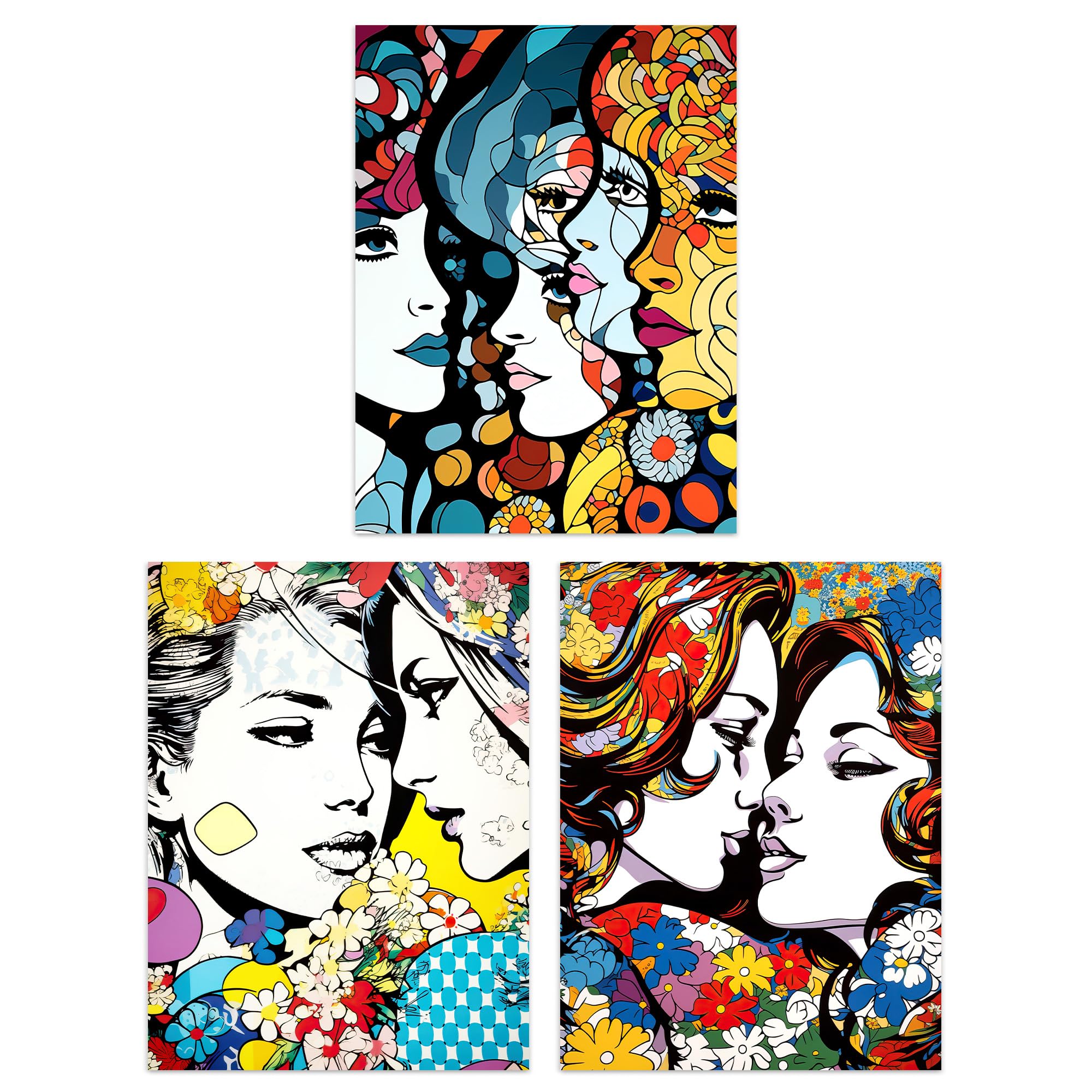 Artery8 Set of 3 A4 LGBTQ+ Love Vibrant Pop Art Paintings Lesbian Couple Floral Portraits Unframed Wall Art Living Room Poster Prints Pack