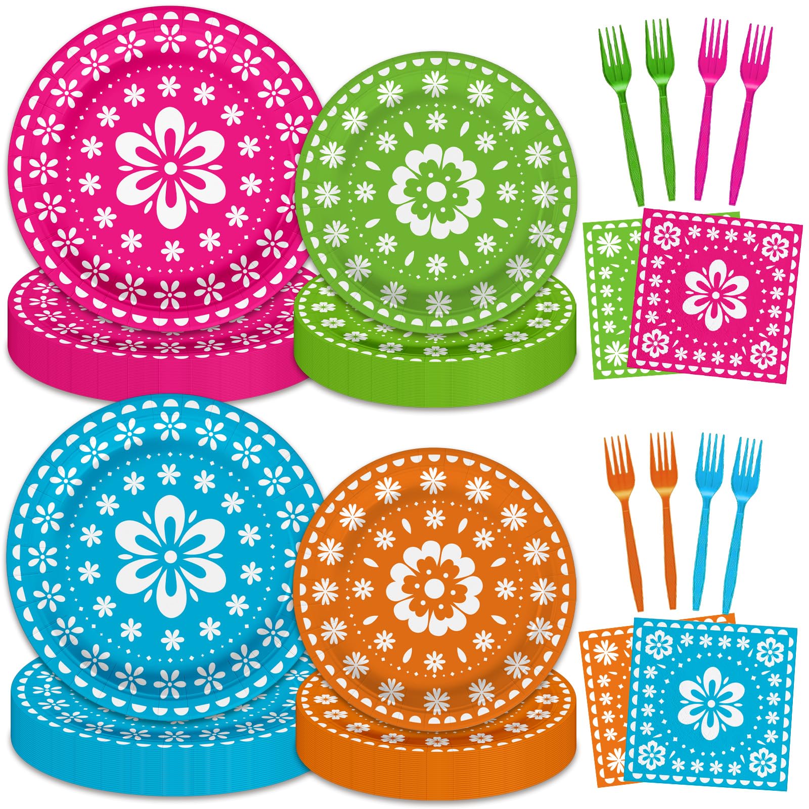 96 Pcs Mexican Fiesta Party Supplies Set, Serves 24 – Colorful Papel Picado Floral Paper…