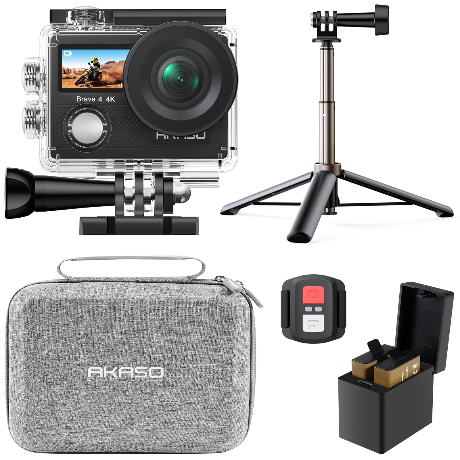 AKASO Brave 4 Action Camera with Selfie Stick Tripod and Carrying Case Bundle - 4K30 20MP Ultra Hd EIS 131ft Underwater Camera 5xZoom Dual Screen with