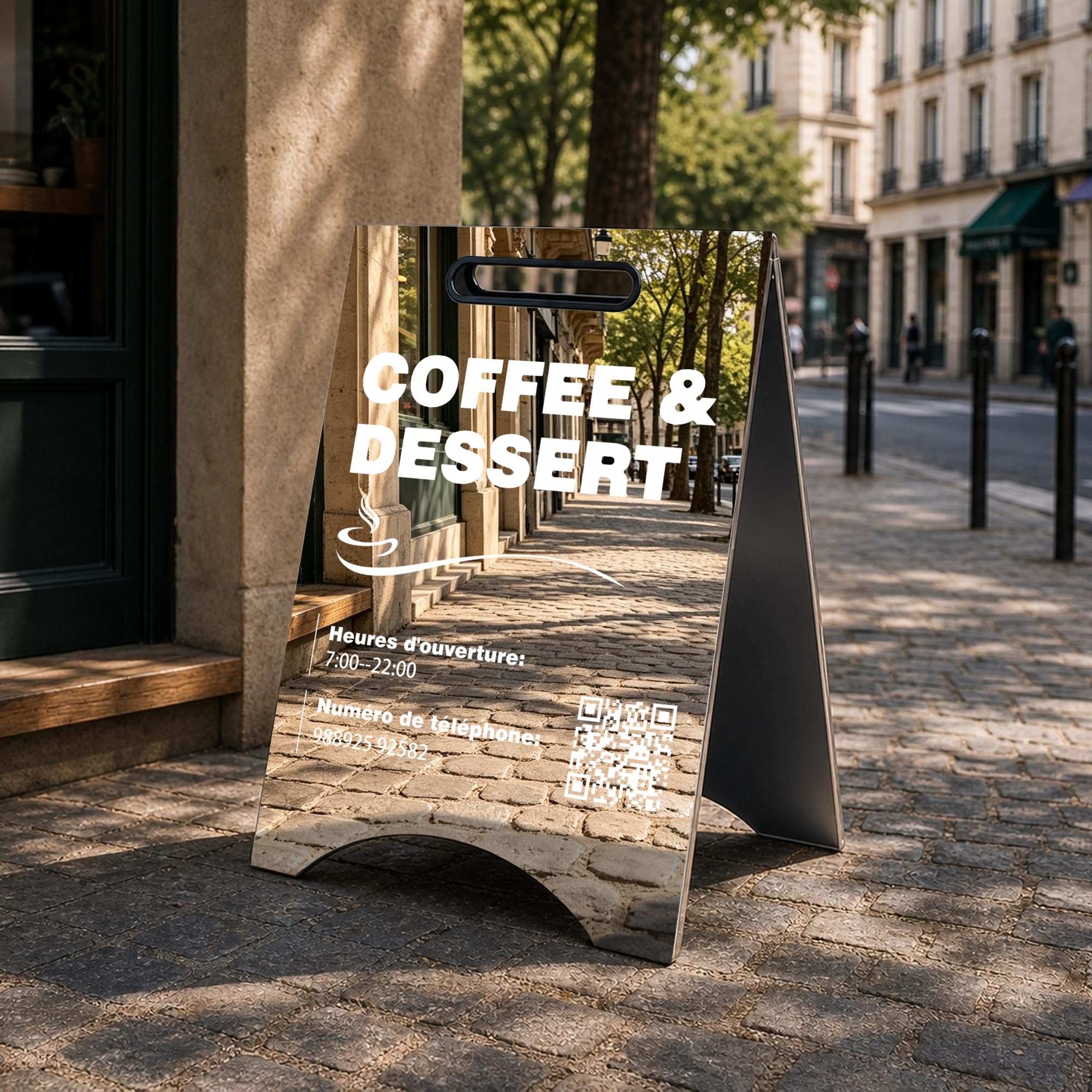 NEONAPM Stop Trottoir Extérieur Panneau Pub Pliable Personnalisé 50-90cm | Impression UV HD, Int/Ext, acier inoxydable miroir ou brossé, double face, poignée anti-coupure, conception sur mesure