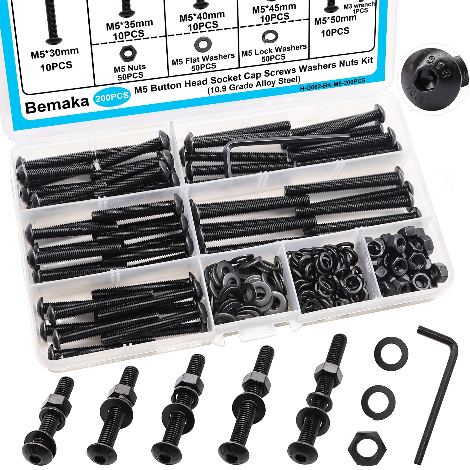 Bemaka 200PCS Black M5 Button Head Hex Socket Cap Screws, M5 x 30/35/40/45/50mm Metric Screws Bolts Nuts Washers Assortment Kit, 10.9 Grade Alloy