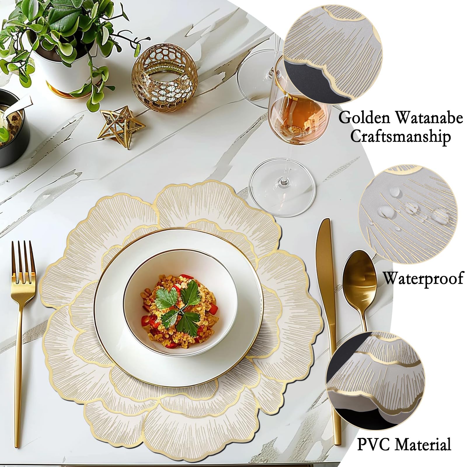 Ktnyl Set di 6 tovagliette rotonde, dorate, resistenti al calore, lavabili, rotonde, per feste, matrimoni, ristoranti e hotel