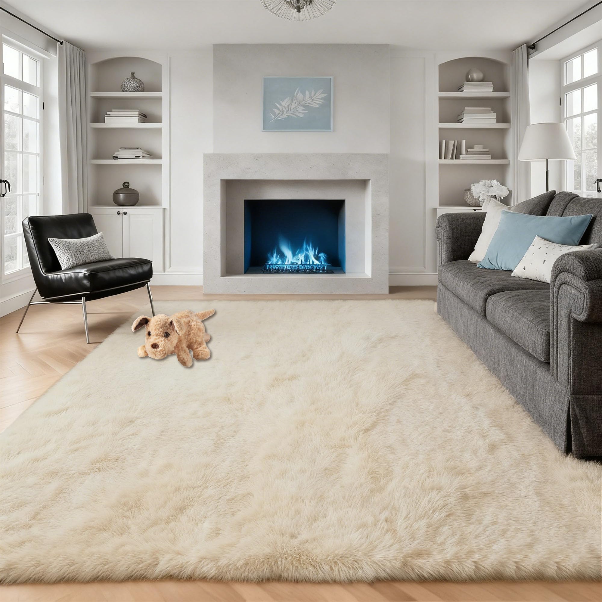 Moderner Hochflor Teppich 150 x 230 cm Weich Und Flauschig Läufer Teppich Klein Deko Kuschelig Waschbar für Schlafzimmer Kinderzimmer, Bettvorleger Matte, Creme Farben