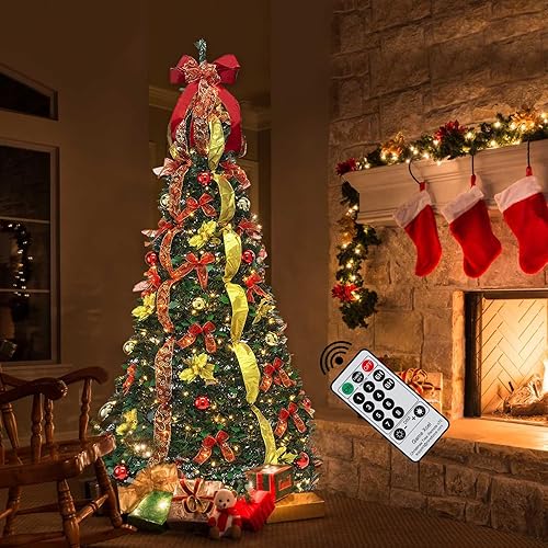 Pre-lit Christmas Tree - 6.5 Ft Fully Decorated Pull Up Christmas Tree with Remote, 200 LED Lights, Ornaments, Red&Gold Ribbon, Bows, Easy Assemble Collapsible Xmas Trees Holiday Party Decor